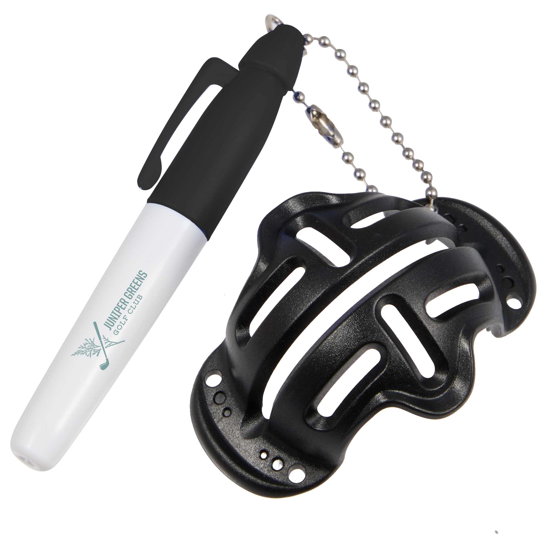 Black Golf Ball Stencil with Marker 1401-47 showing a compact stencil tool designed to fit around a golf ball, paired with a marker pen used to draw straight alignment lines, featuring a simple plastic construction in a dark/black finish for easy ball marking and personalization before play.