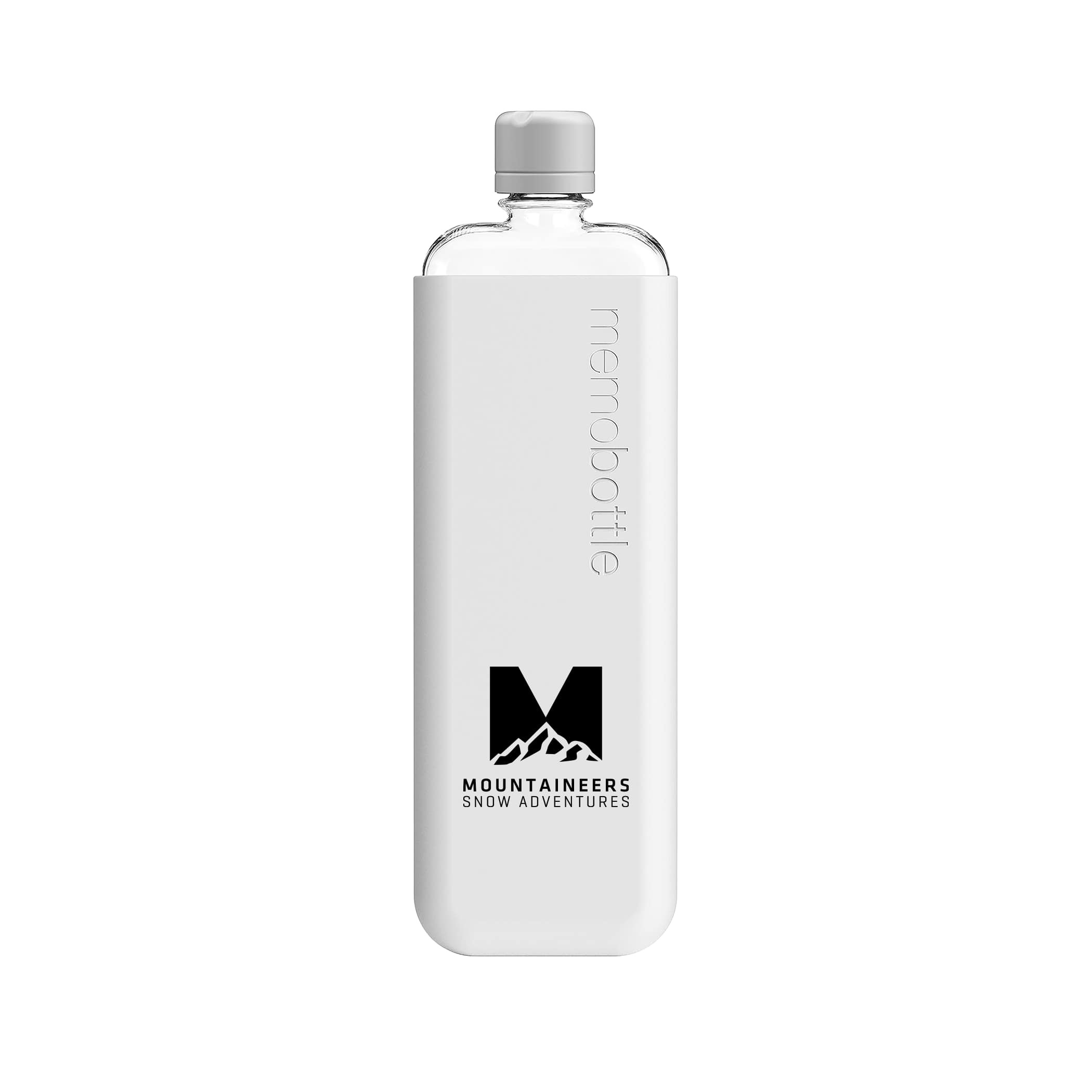 Gray Slim Tritan™ memobottle™ 15 oz with silicone sleeve, rectangular Tritan™ plastic body with a smooth, glass-like finish and a matte silicone sleeve that adds grip and protection, designed for portable everyday hydration and easy storage in bags, backpacks, or briefcases.