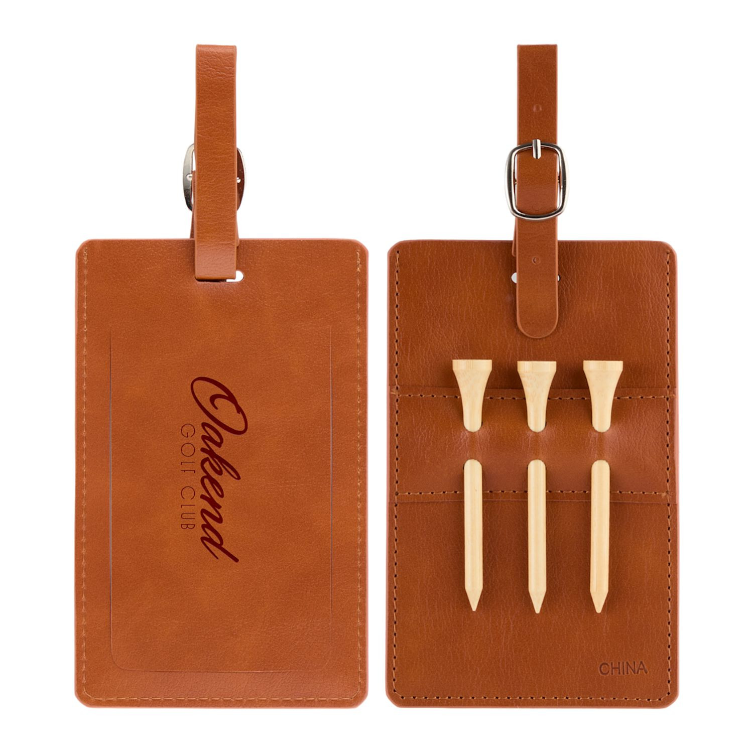 Brown recycled PU golf bag tag with built-in tee holders, attached tees, and integrated name card slot for identification.