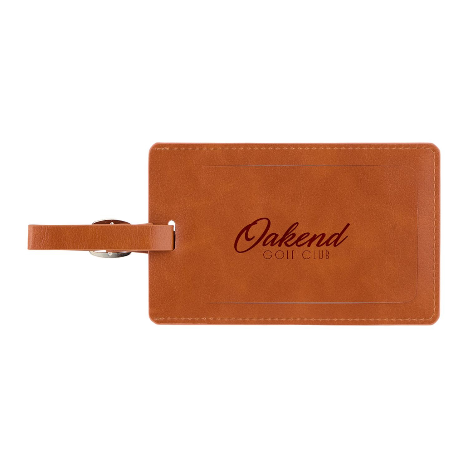 Brown recycled PU golf bag tag with built-in tee holders, attached tees, and integrated name card slot for identification.