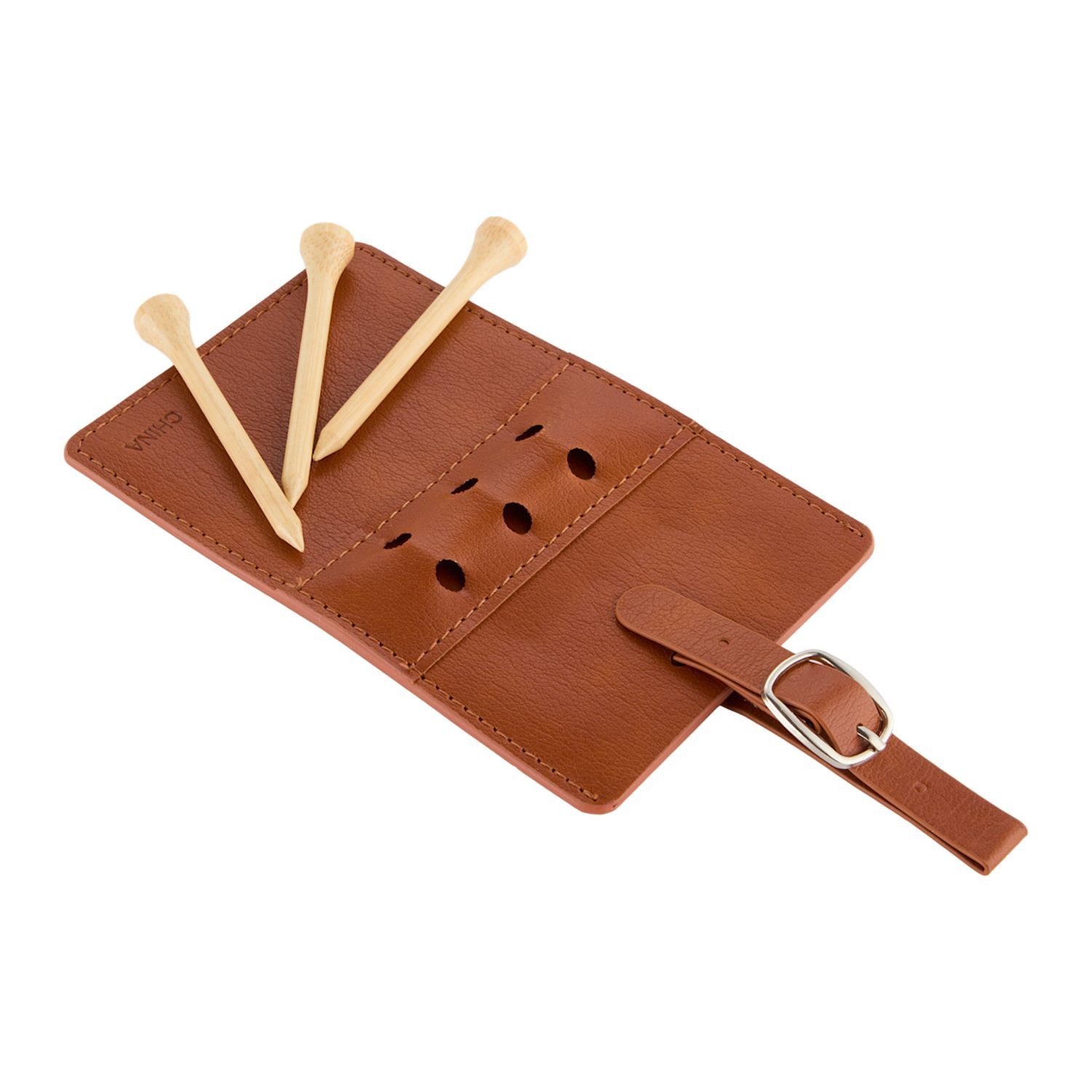 Brown recycled PU golf bag tag with built-in tee holders, attached tees, and integrated name card slot for identification.