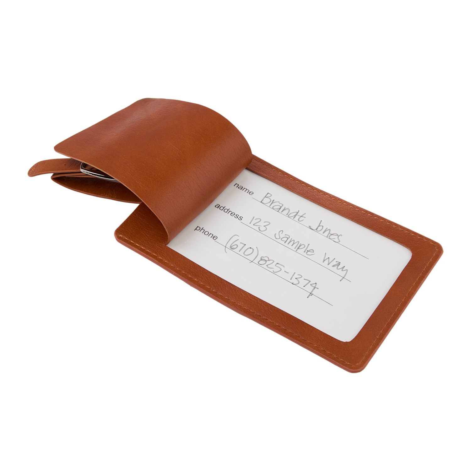 Brown recycled PU golf bag tag with built-in tee holders, attached tees, and integrated name card slot for identification.
