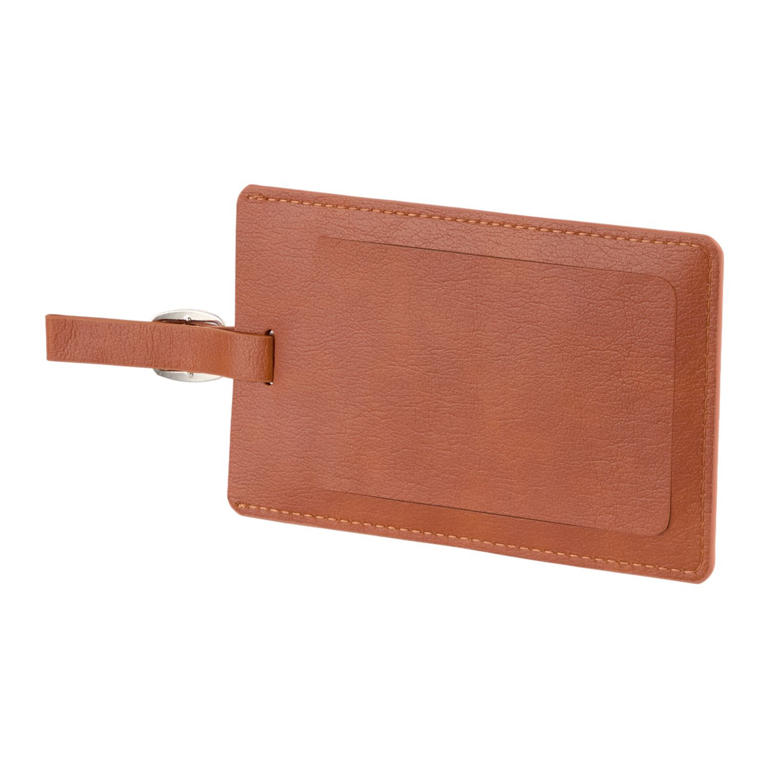 Brown recycled PU golf bag tag with built-in tee holders, attached tees, and integrated name card slot for identification.