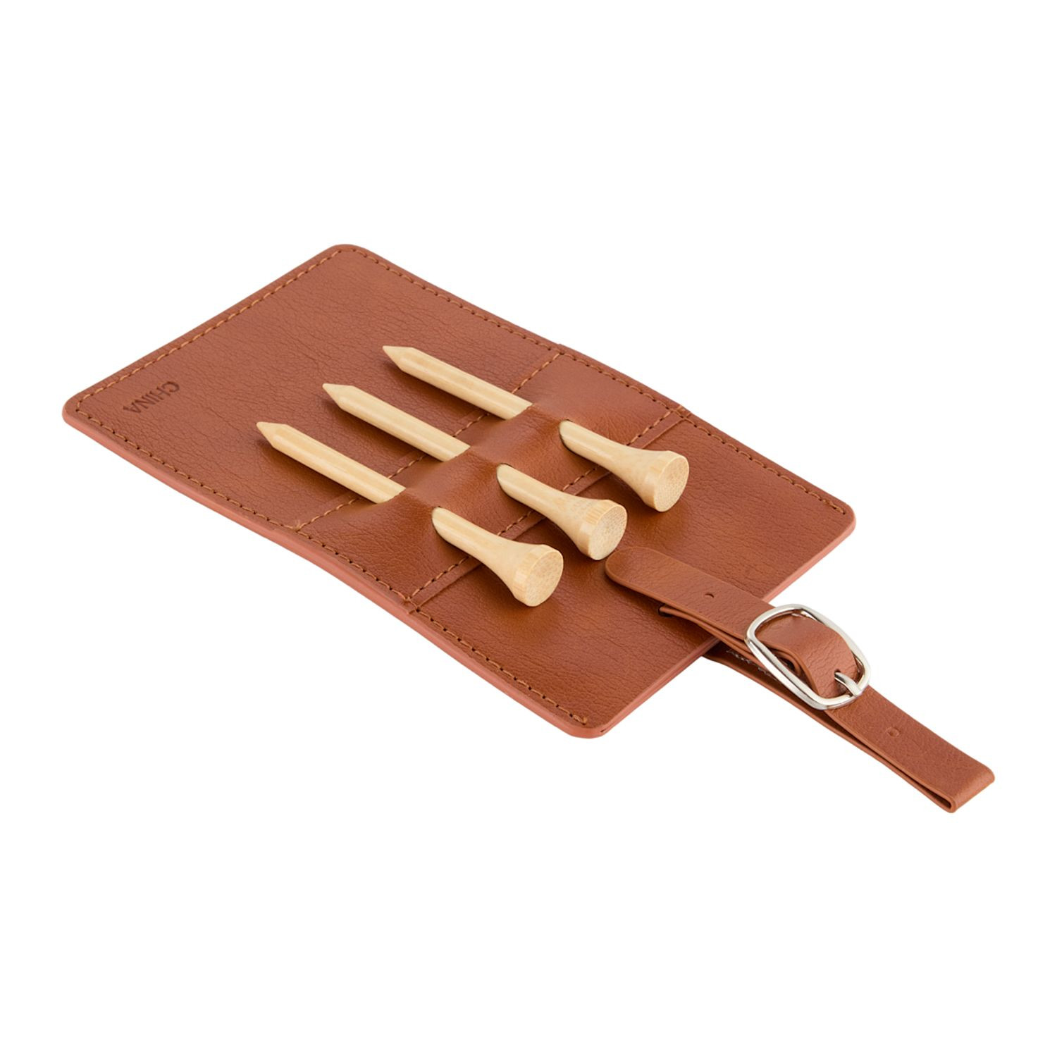 Brown recycled PU golf bag tag with built-in tee holders, attached tees, and integrated name card slot for identification.