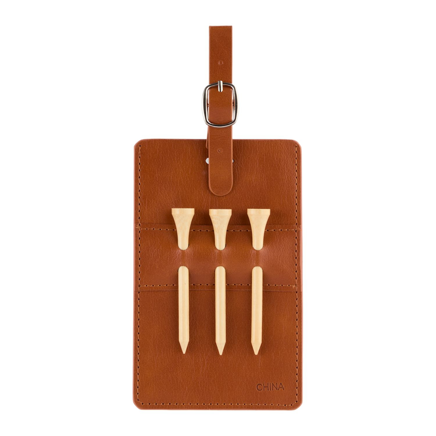 Brown recycled PU golf bag tag with built-in tee holders, attached tees, and integrated name card slot for identification.