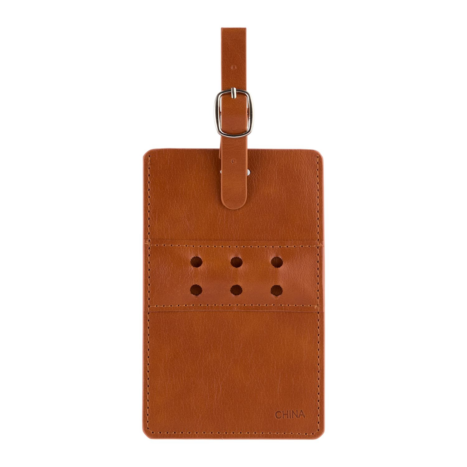 Brown recycled PU golf bag tag with built-in tee holders, attached tees, and integrated name card slot for identification.