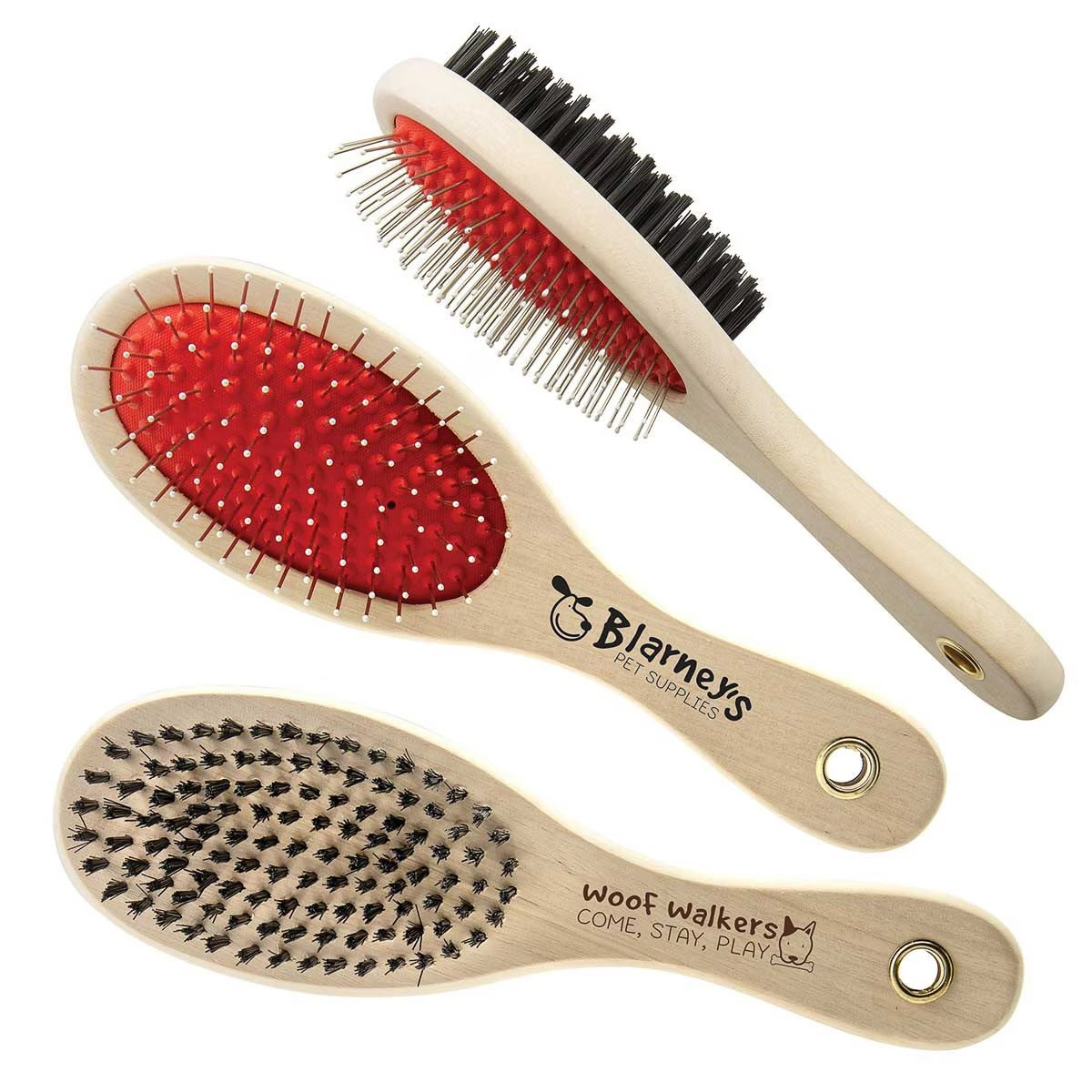 Natural Double-Sided Pet Brush with handle and dual-sided grooming head featuring metal pin bristles on one side and dense bristles on the other, designed for brushing, detangling, and smoothing pet fur for everyday grooming.