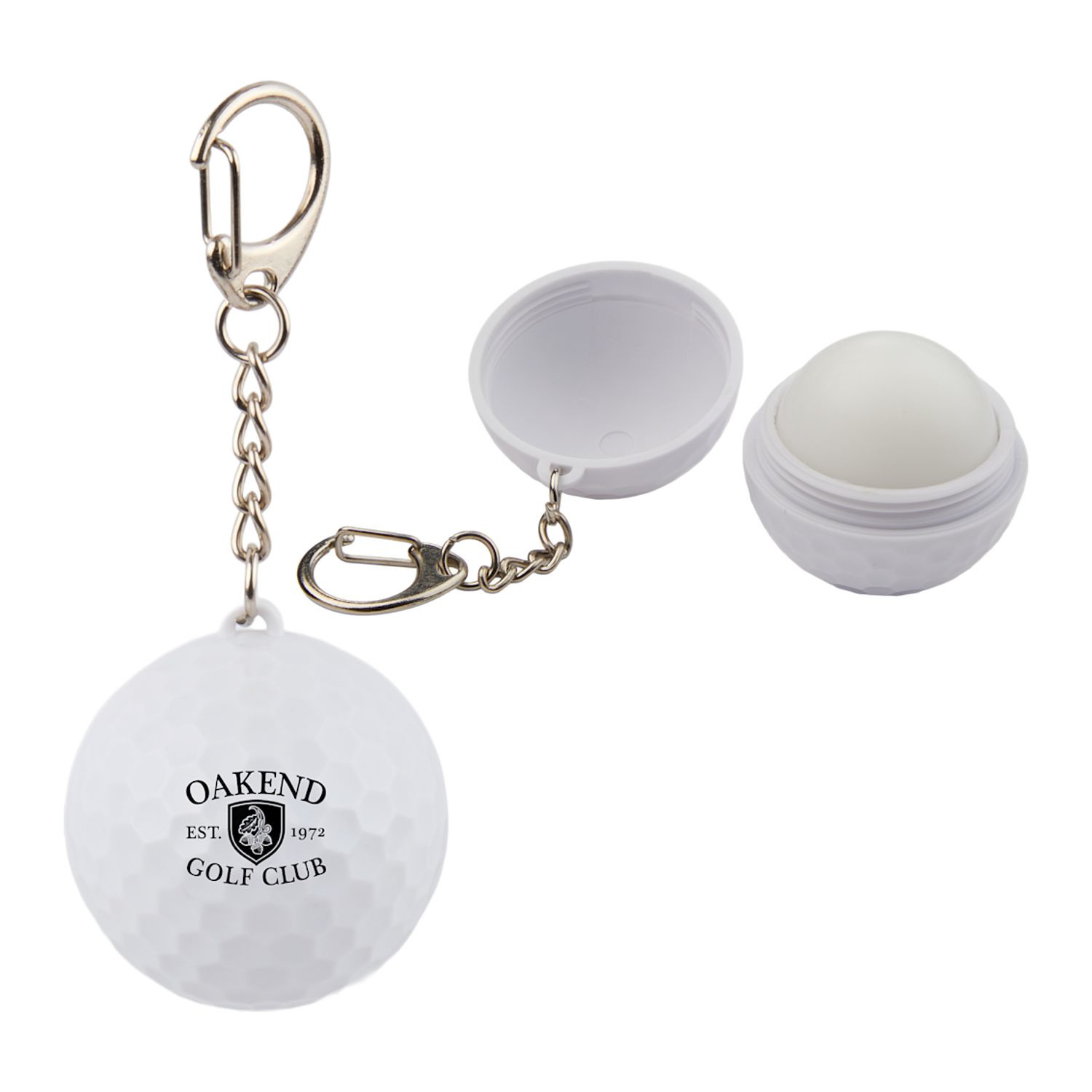 White golf ball-shaped SPF15 lip balm keychain made from recycled ABS plastic with a compact round design and attached keychain loop for easy carrying.