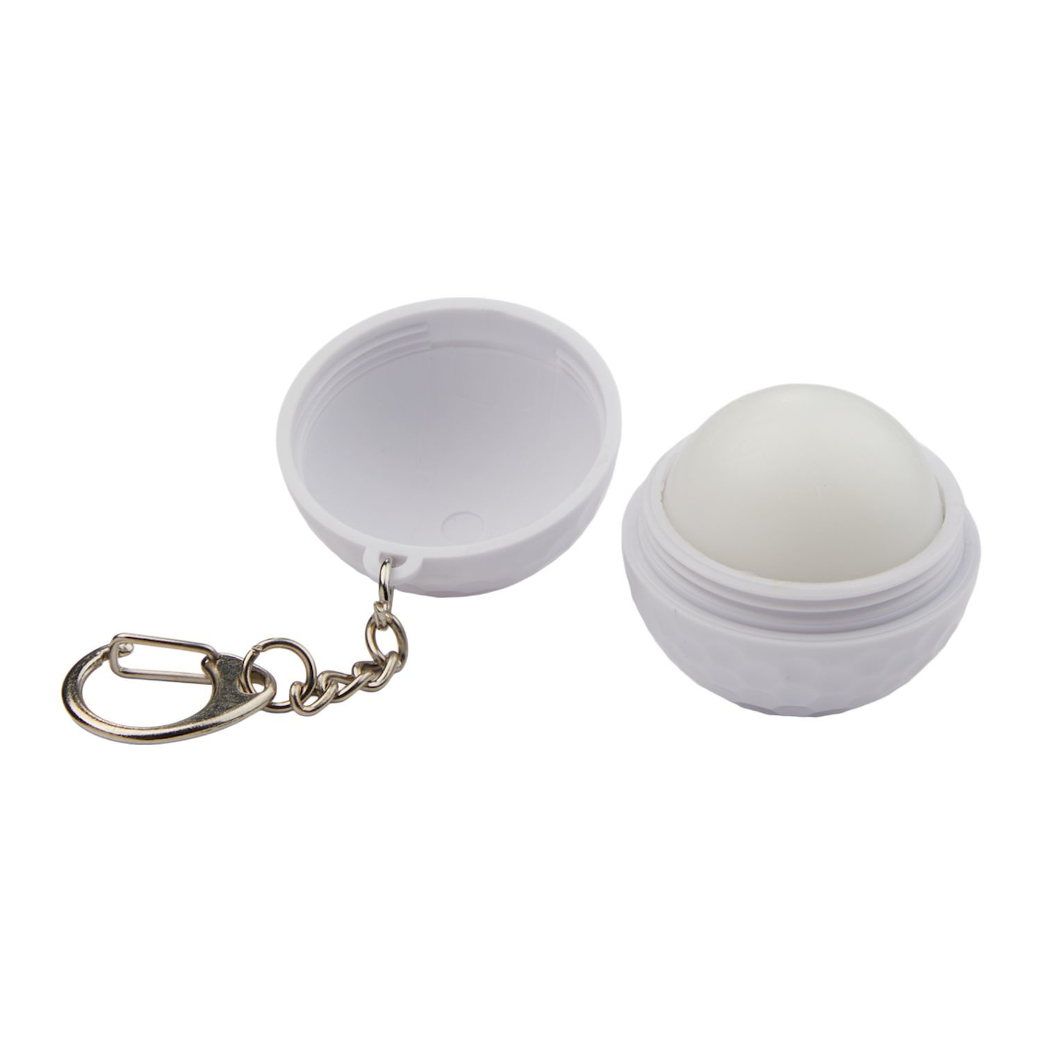 White golf ball-shaped SPF15 lip balm keychain made from recycled ABS plastic with a compact round design and attached keychain loop for easy carrying.