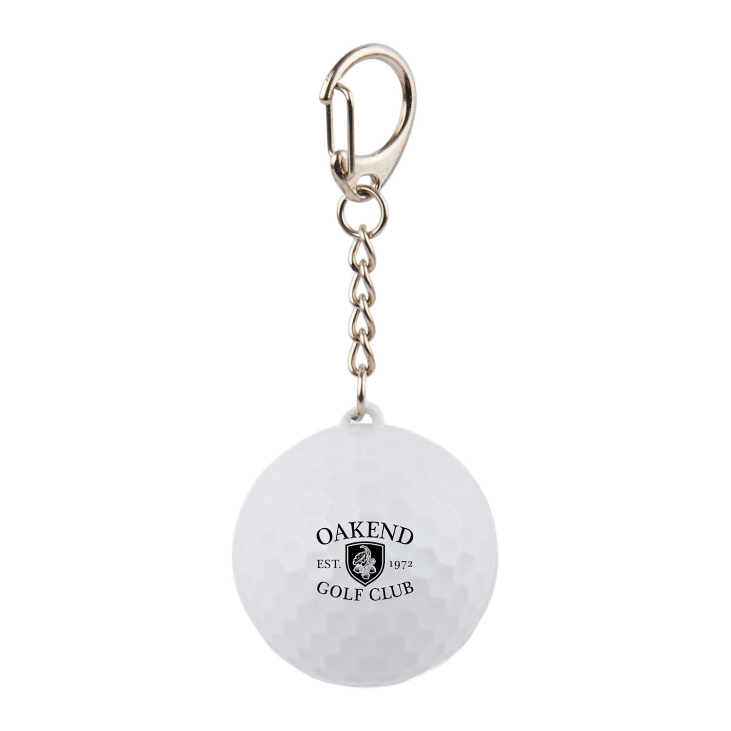 White golf ball-shaped SPF15 lip balm keychain made from recycled ABS plastic with a compact round design and attached keychain loop for easy carrying.