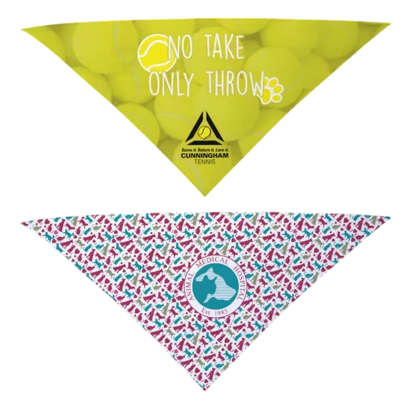 White polyester triangular pet bandana (Dye-Sublimated Pet Bandana ABDNS22T) with smooth lightweight fabric and oversized fit, designed for full-coverage custom dye-sublimated printing for dogs.