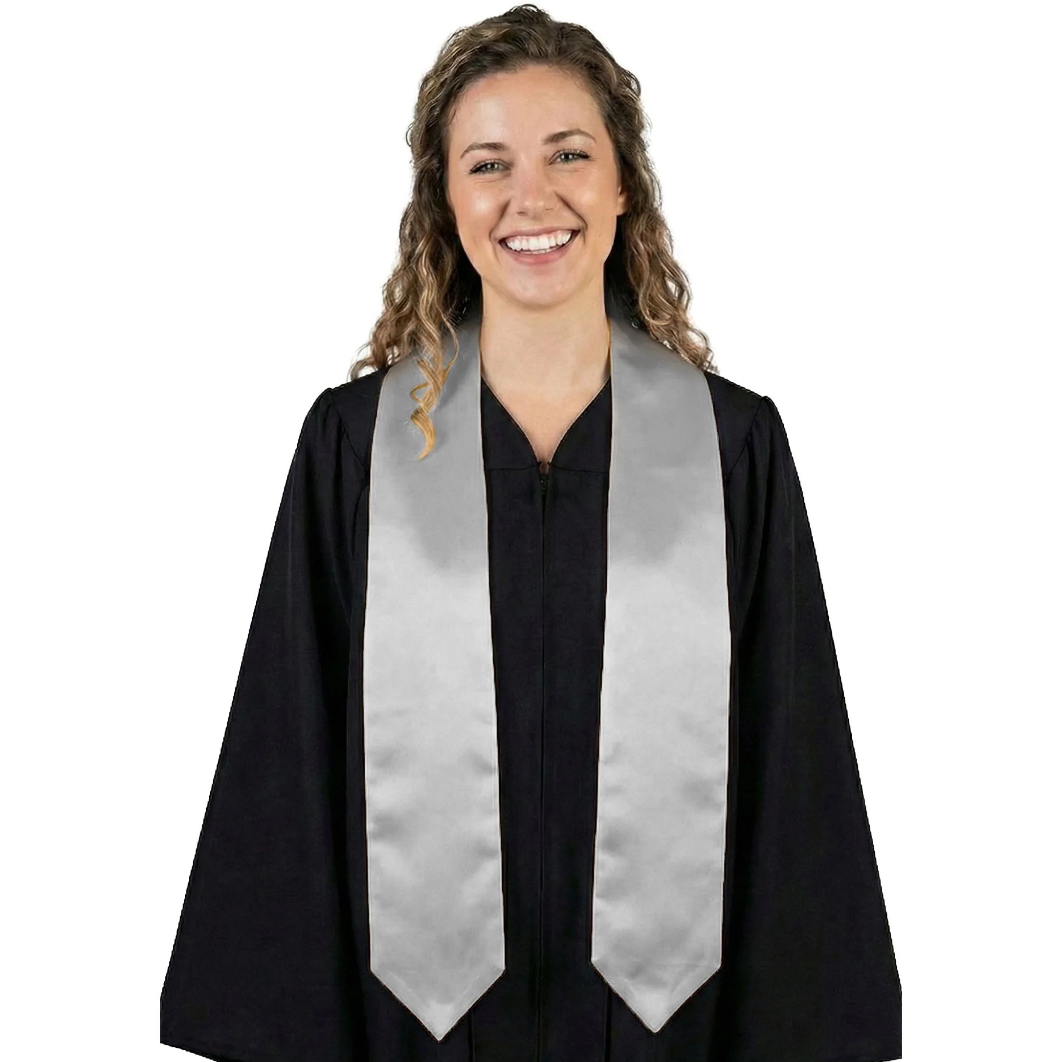 College & University Graduation Stole made of silver satin on woman in black gown