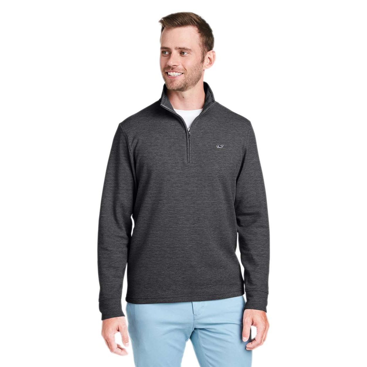 Jet Black Vineyard Vines® Men's Saltwater Quarter-Zip Pullover in Jet Black, featuring a soft cotton-polyester knit fabric, stand collar, quarter-zip front, long sleeves, and signature whale embroidery on the left chest, designed for casual layering, corporate apparel, and everyday wear.
