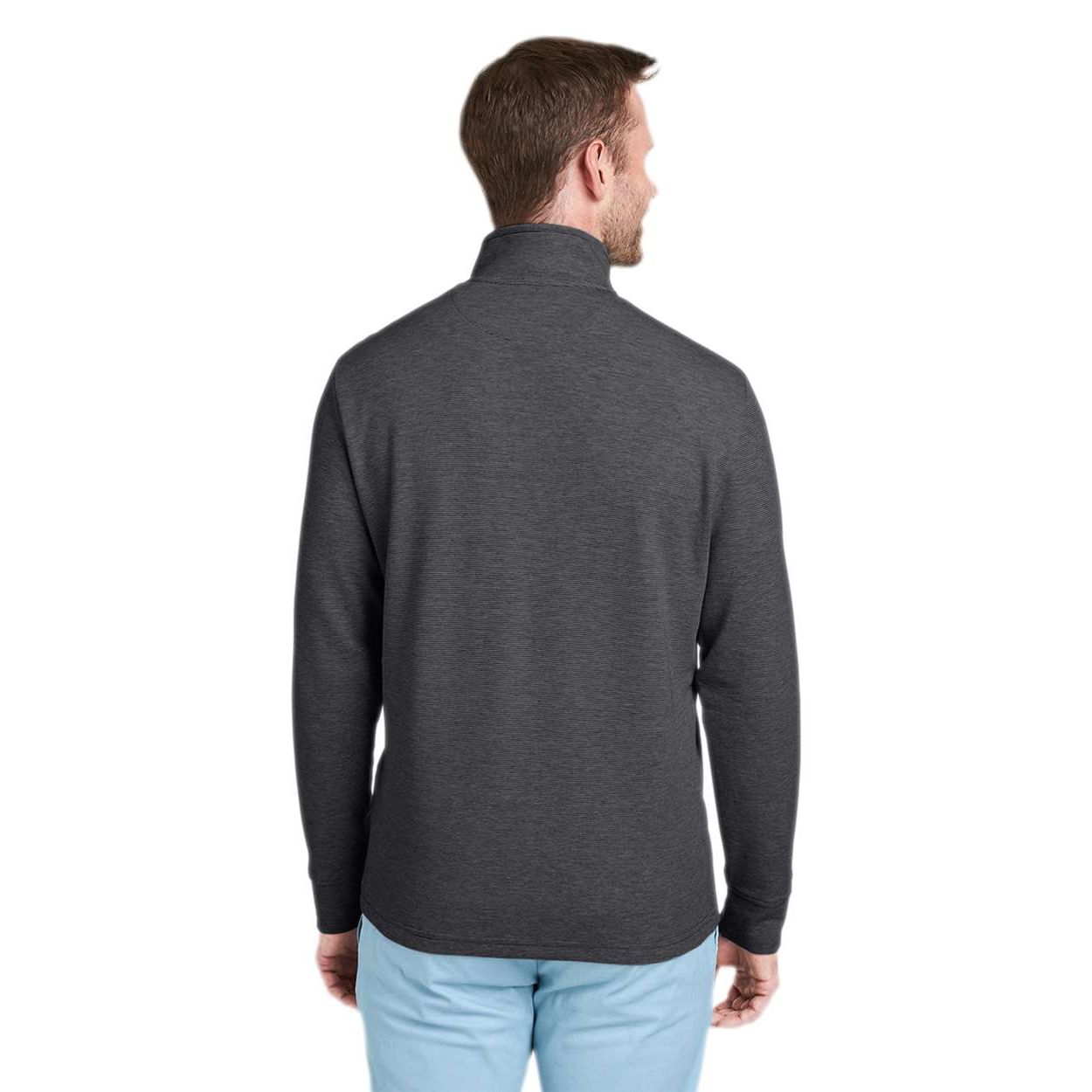Jet Black Vineyard Vines® Men's Saltwater Quarter-Zip Pullover in Jet Black, featuring a soft cotton-polyester knit fabric, stand collar, quarter-zip front, long sleeves, and signature whale embroidery on the left chest, designed for casual layering, corporate apparel, and everyday wear.