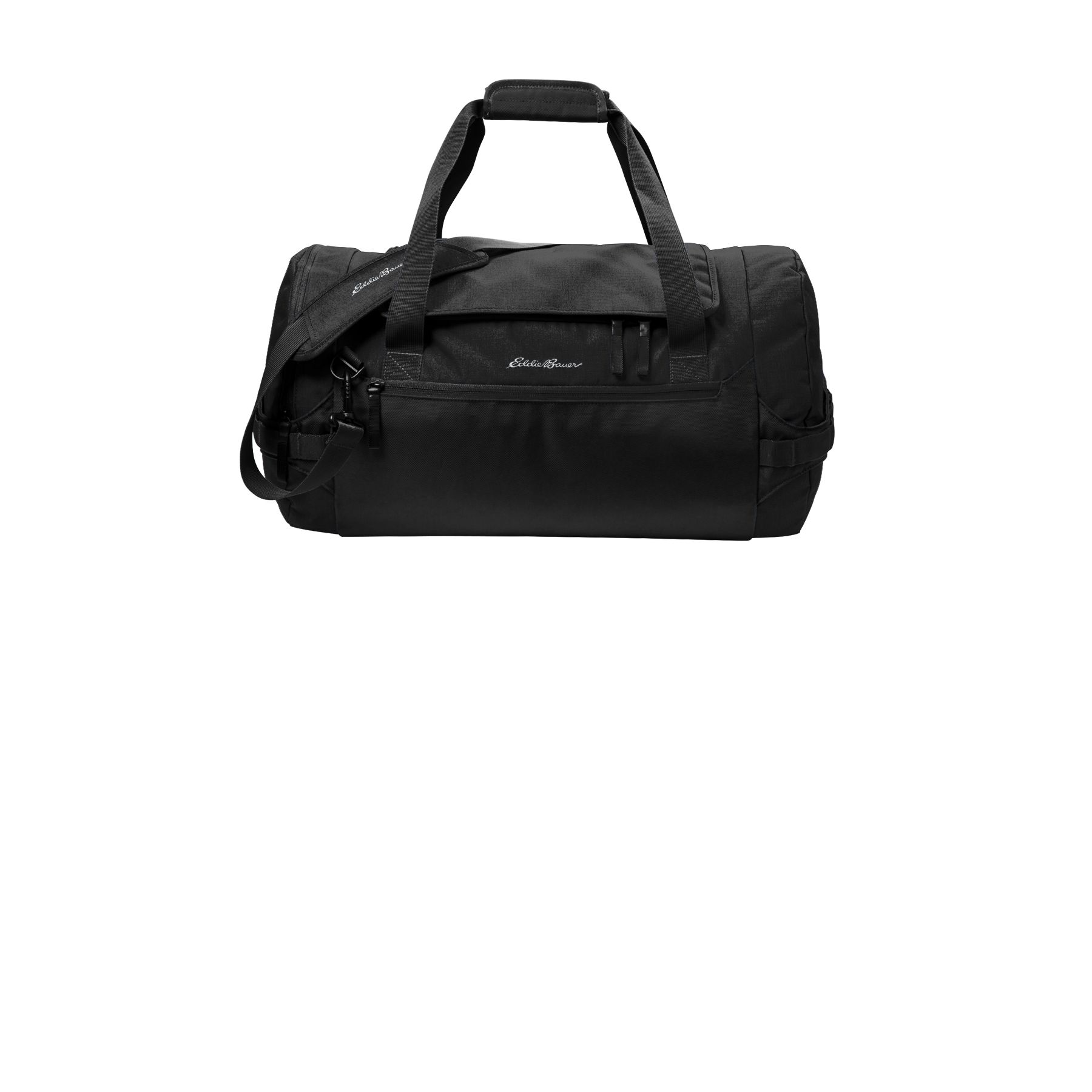 Black duffel bag with spacious zippered main compartment, shoe compartment, padded shoulder strap, and multiple organizational pockets.