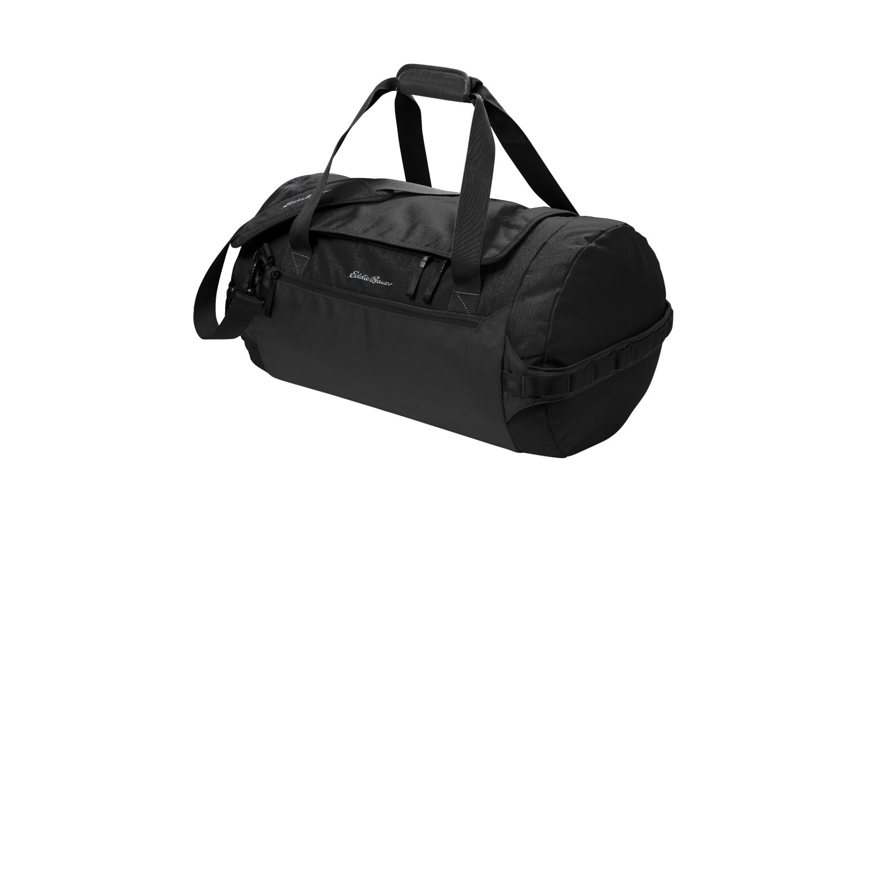 Black duffel bag with spacious zippered main compartment, shoe compartment, padded shoulder strap, and multiple organizational pockets.