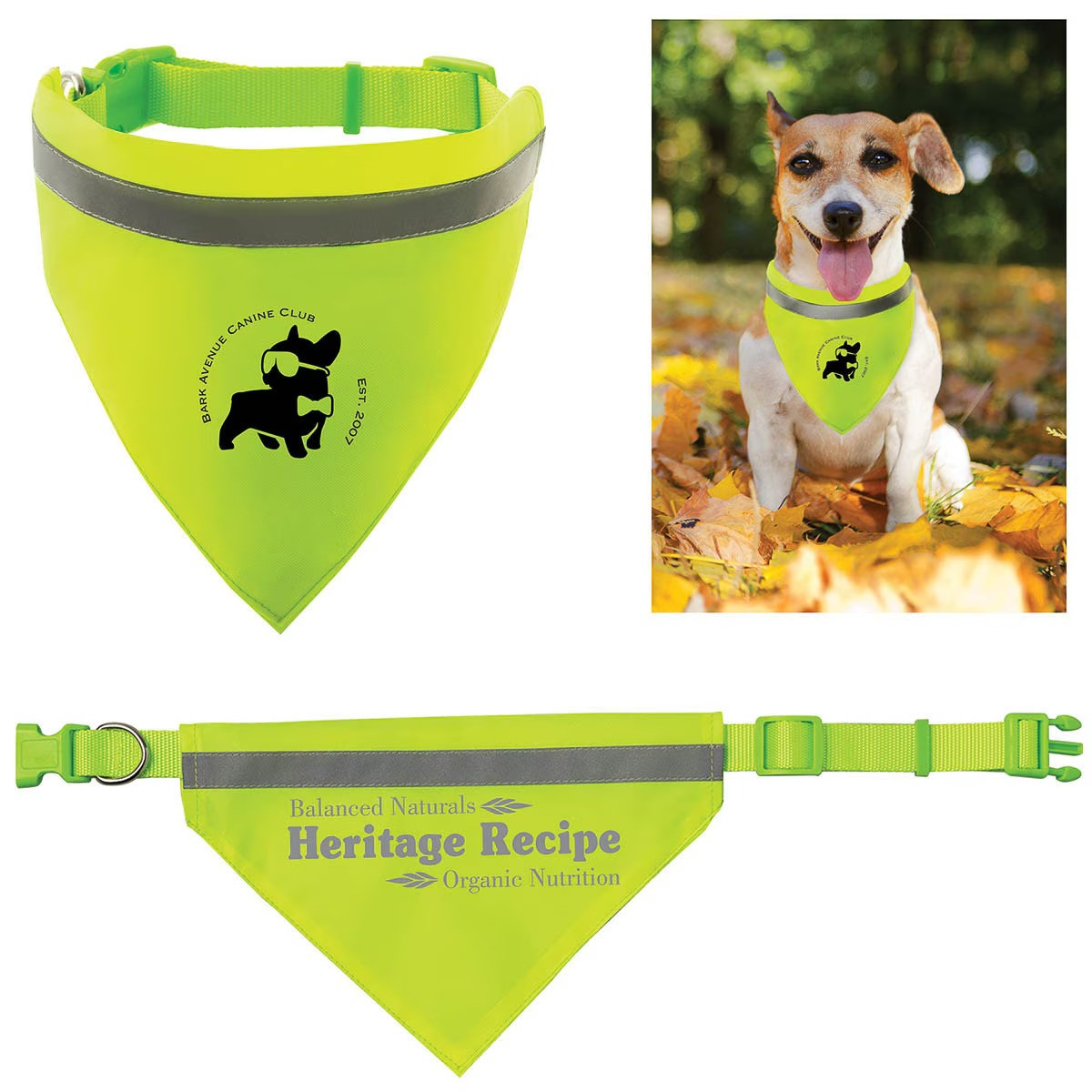 Yellow Reflective Pet Bandana in yellow features a bright, high-visibility design made from durable 300D oxford fabric with a reflective safety strip, shown with an adjustable strap and side-release buckle for secure fit. The pet accessory is designed for outdoor use, helping improve visibility and safety during walks or low-light conditions while allowing for custom promotional branding.