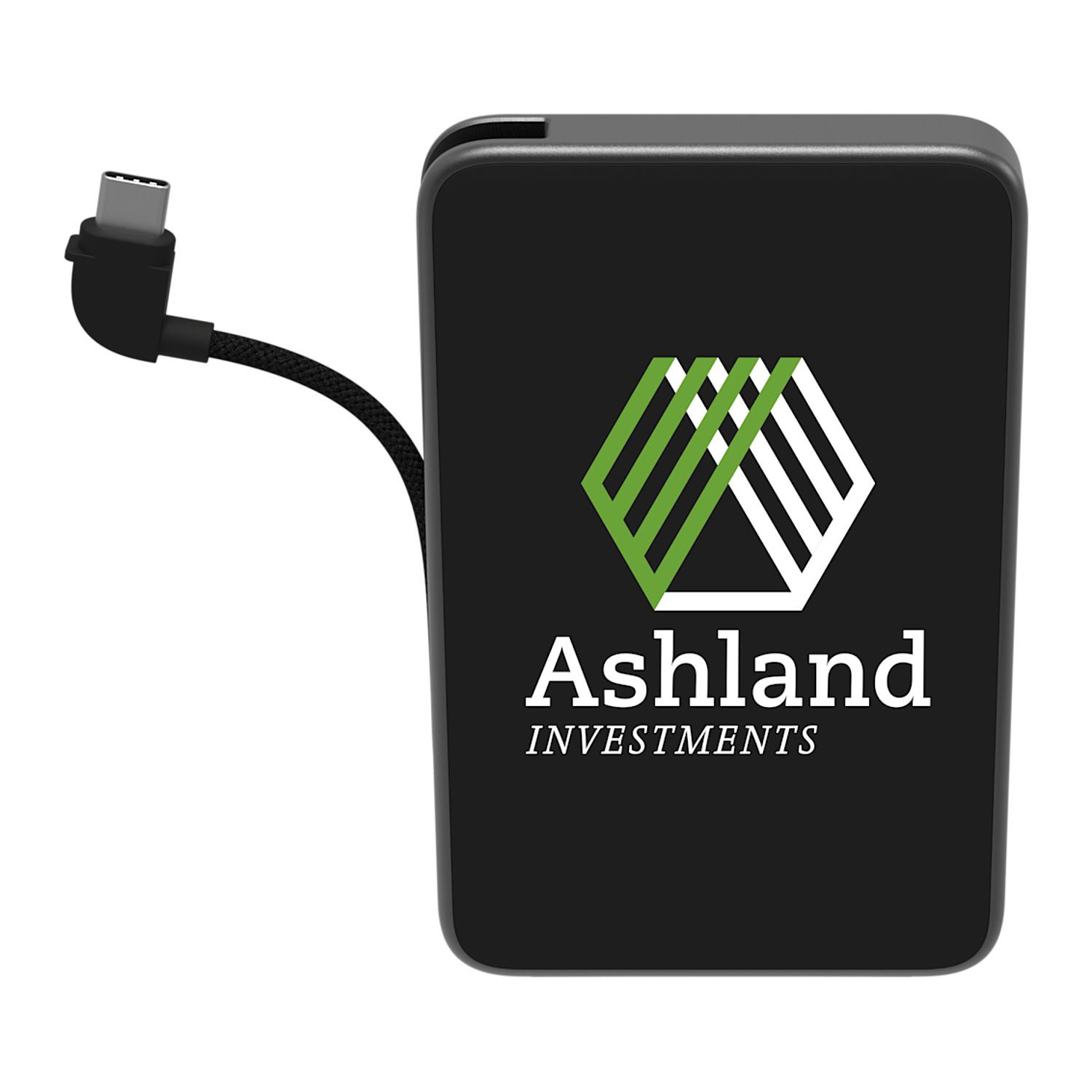 Black compact mophie portable power bank with integrated USB-C braided cable, soft-touch finish, aluminum frame, and fast-charging capability for mobile devices.