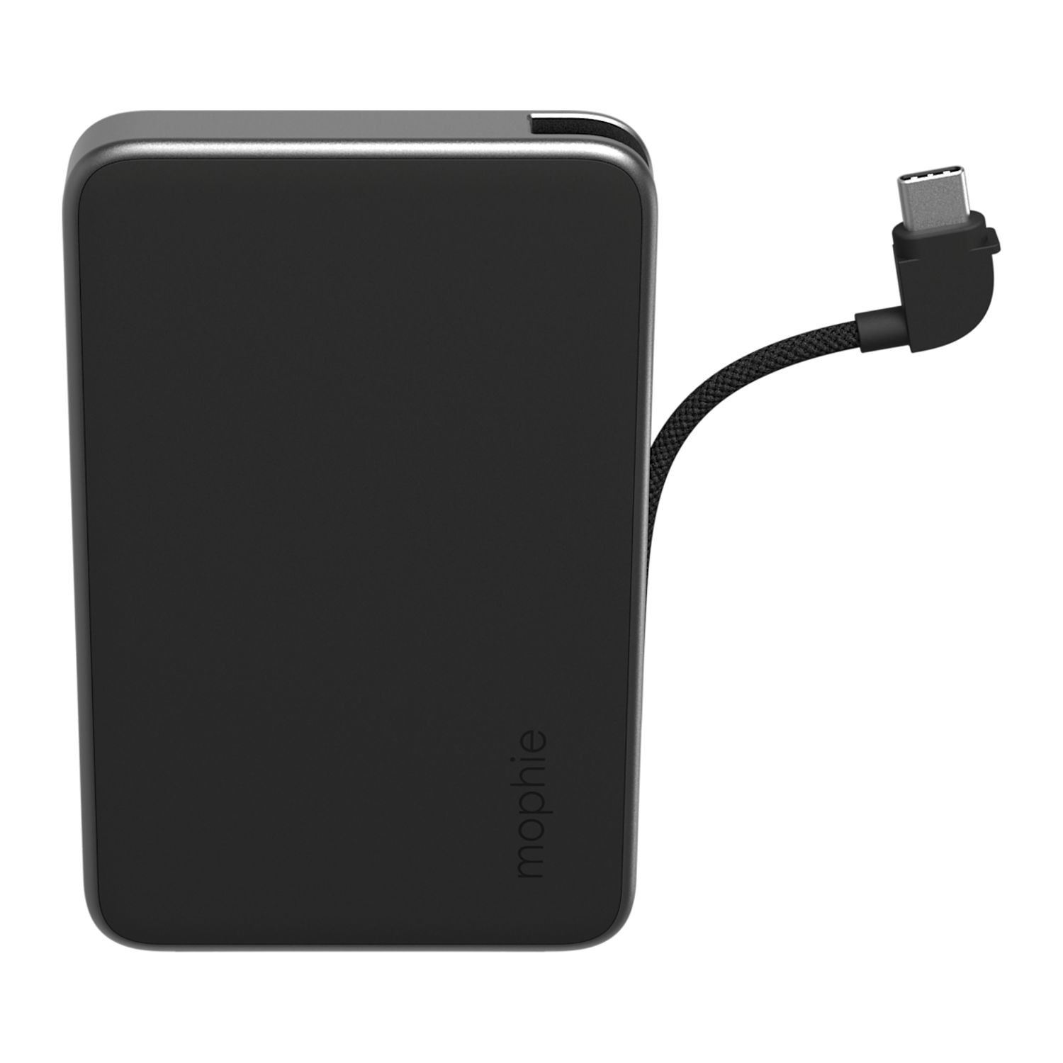 Black compact mophie portable power bank with integrated USB-C braided cable, soft-touch finish, aluminum frame, and fast-charging capability for mobile devices.