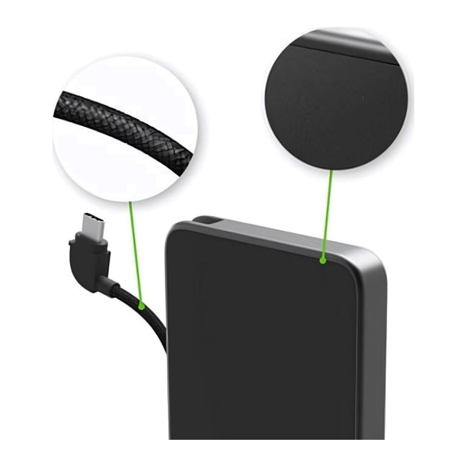 Black compact mophie portable power bank with integrated USB-C braided cable, soft-touch finish, aluminum frame, and fast-charging capability for mobile devices.