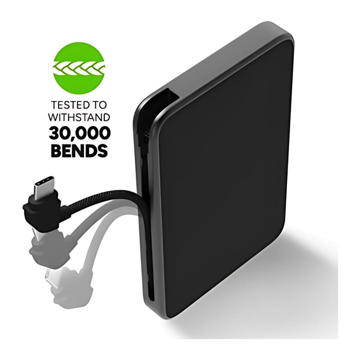 Black compact mophie portable power bank with integrated USB-C braided cable, soft-touch finish, aluminum frame, and fast-charging capability for mobile devices.