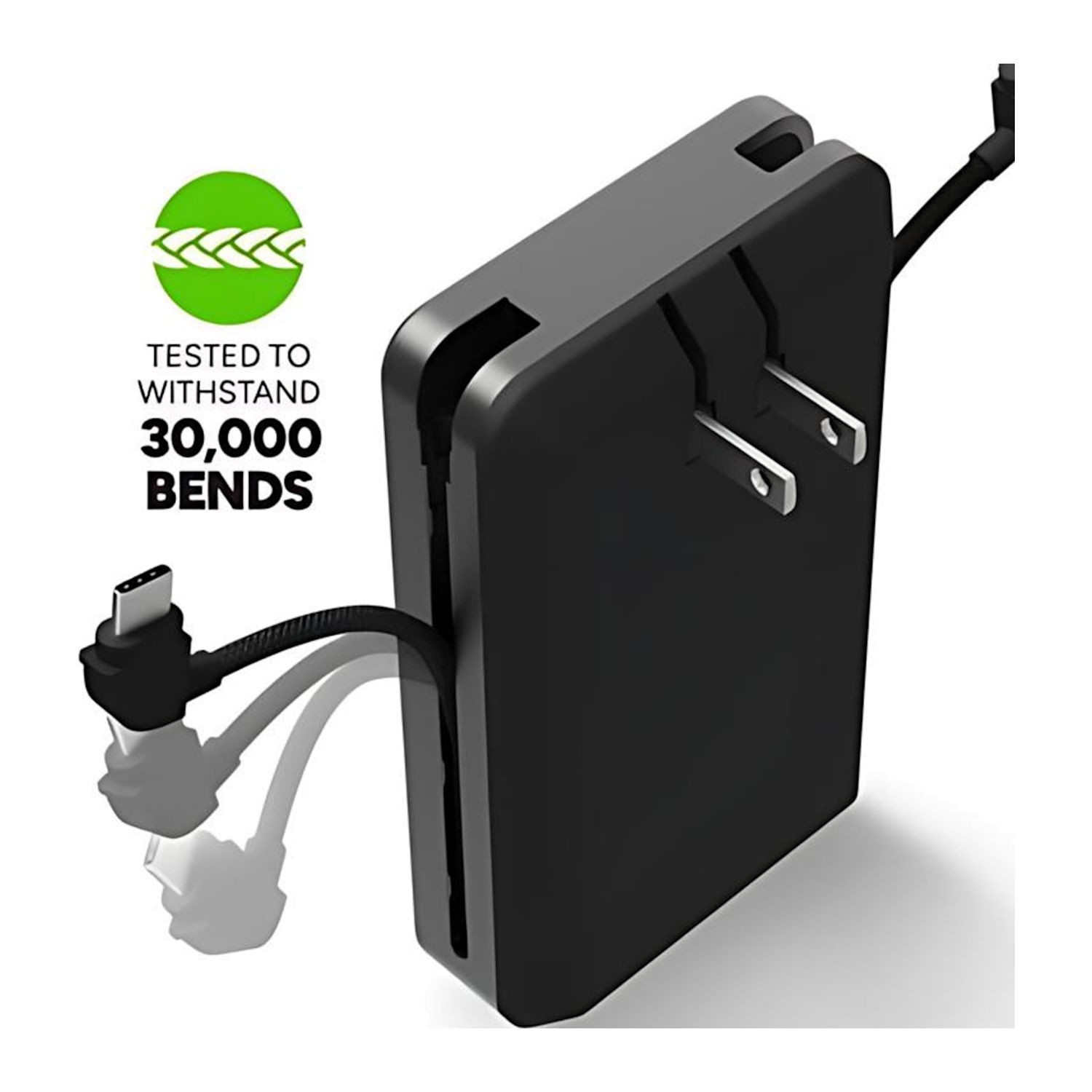 Black high-capacity mophie portable power bank with integrated USB-C and Lightning cables, foldable wall prongs, soft-touch finish, and aluminum frame for fast multi-device charging.