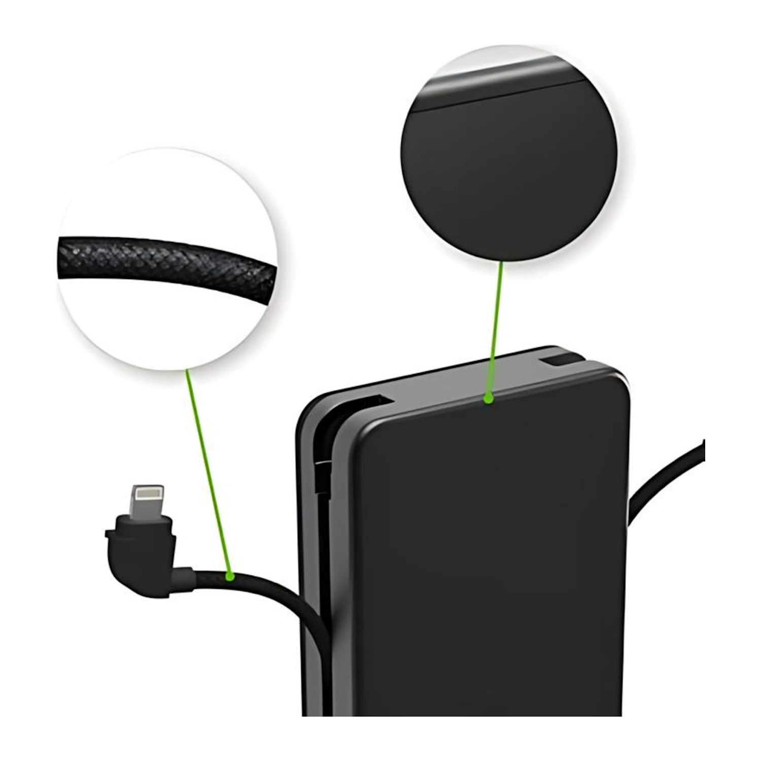 Black high-capacity mophie portable power bank with integrated USB-C and Lightning cables, foldable wall prongs, soft-touch finish, and aluminum frame for fast multi-device charging.