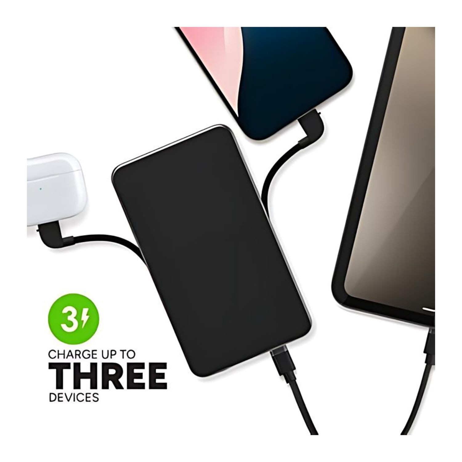 Black high-capacity mophie portable power bank with integrated USB-C and Lightning cables, foldable wall prongs, soft-touch finish, and aluminum frame for fast multi-device charging.