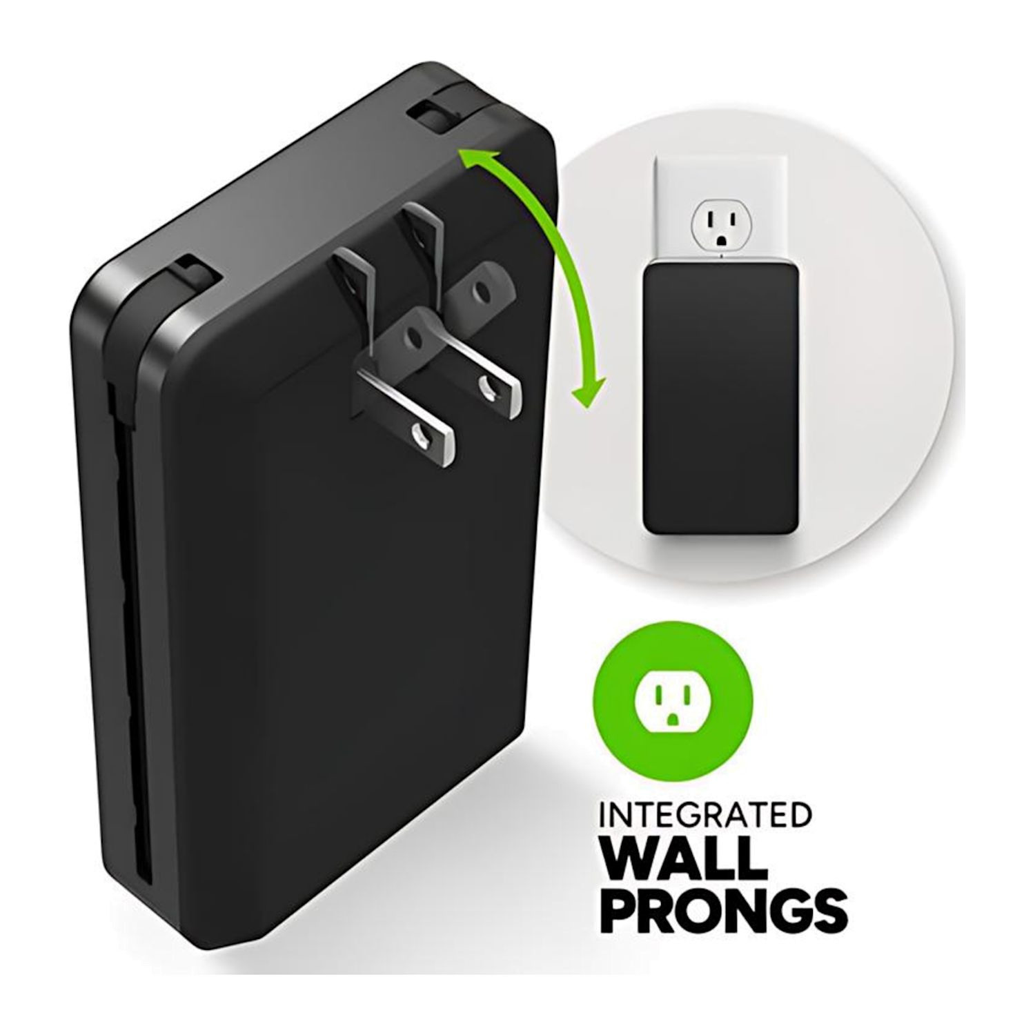 Black high-capacity mophie portable power bank with integrated USB-C and Lightning cables, foldable wall prongs, soft-touch finish, and aluminum frame for fast multi-device charging.