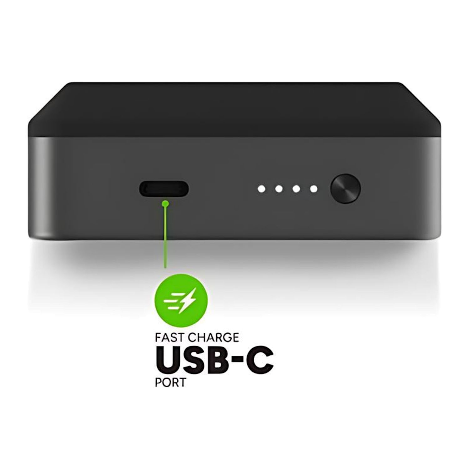 Black high-capacity mophie portable power bank with integrated USB-C and Lightning cables, foldable wall prongs, soft-touch finish, and aluminum frame for fast multi-device charging.
