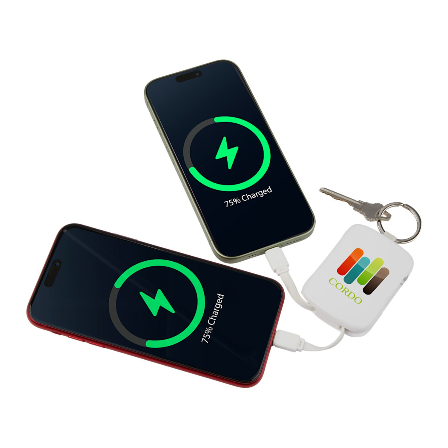 White compact keychain power bank with integrated Type-C and iOS cables, lightweight ABS plastic body, and portable charging design for smartphones on the go.
