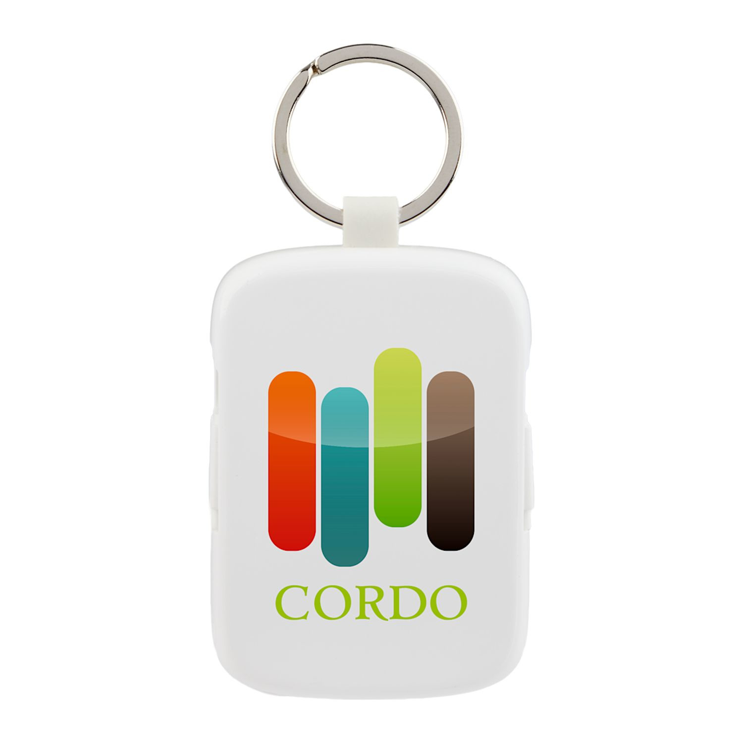 White compact keychain power bank with integrated Type-C and iOS cables, lightweight ABS plastic body, and portable charging design for smartphones on the go.