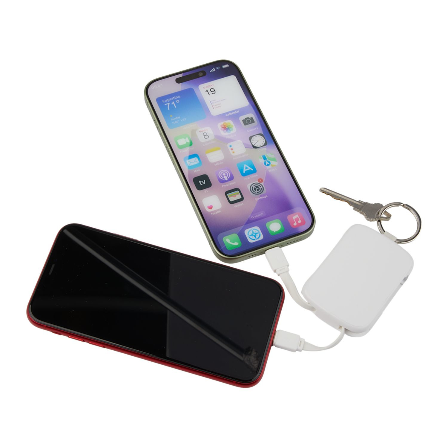 White compact keychain power bank with integrated Type-C and iOS cables, lightweight ABS plastic body, and portable charging design for smartphones on the go.