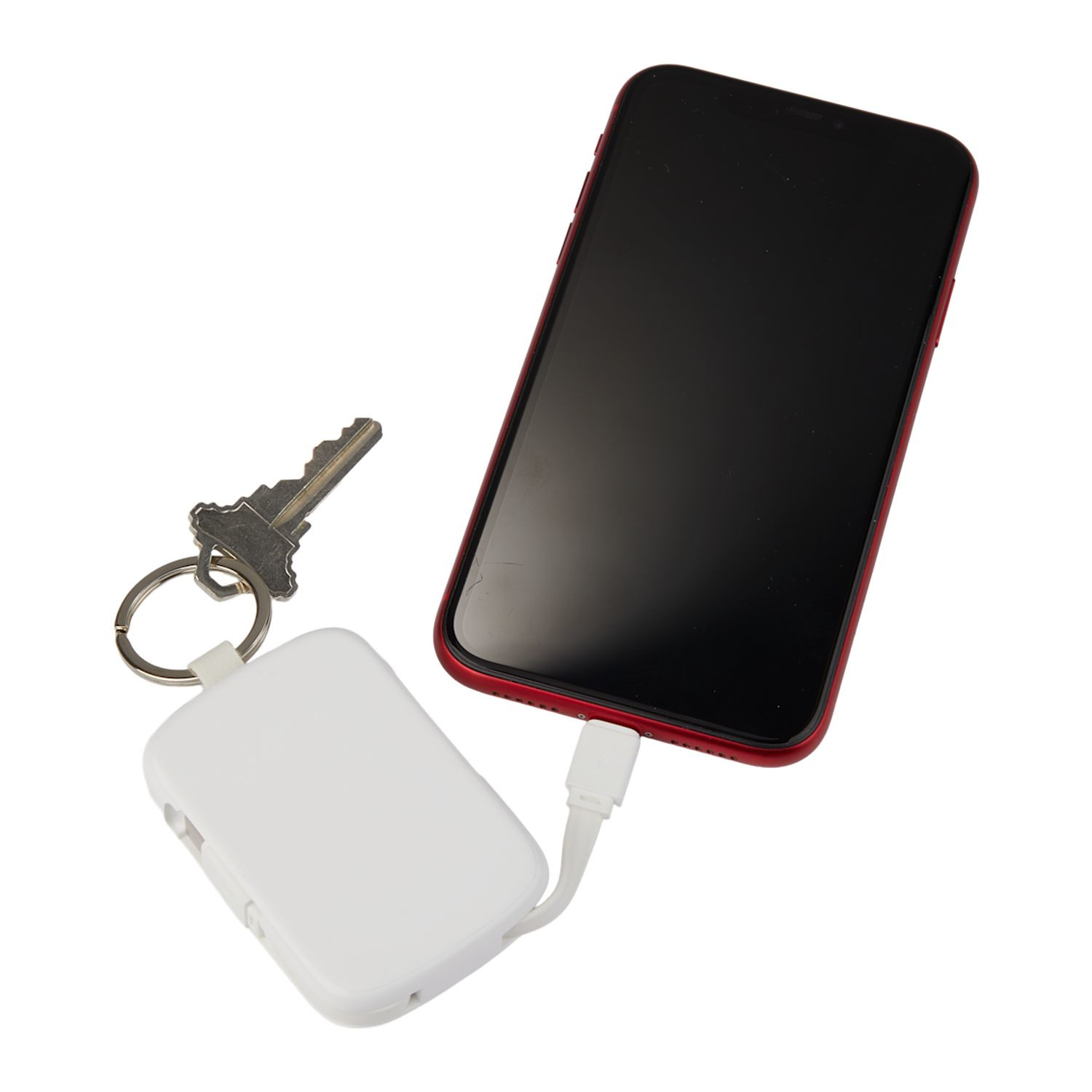 White compact keychain power bank with integrated Type-C and iOS cables, lightweight ABS plastic body, and portable charging design for smartphones on the go.