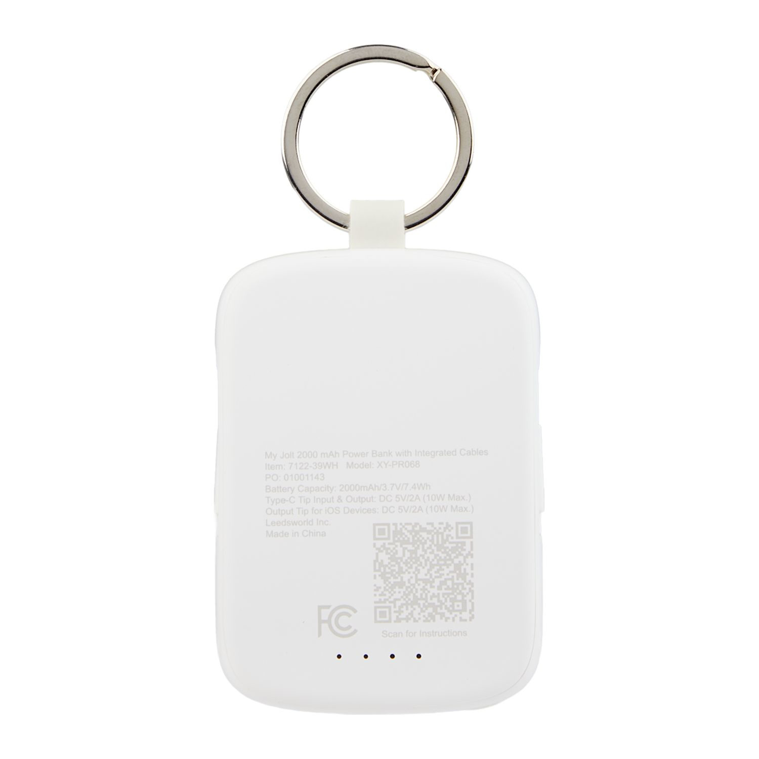 White compact keychain power bank with integrated Type-C and iOS cables, lightweight ABS plastic body, and portable charging design for smartphones on the go.