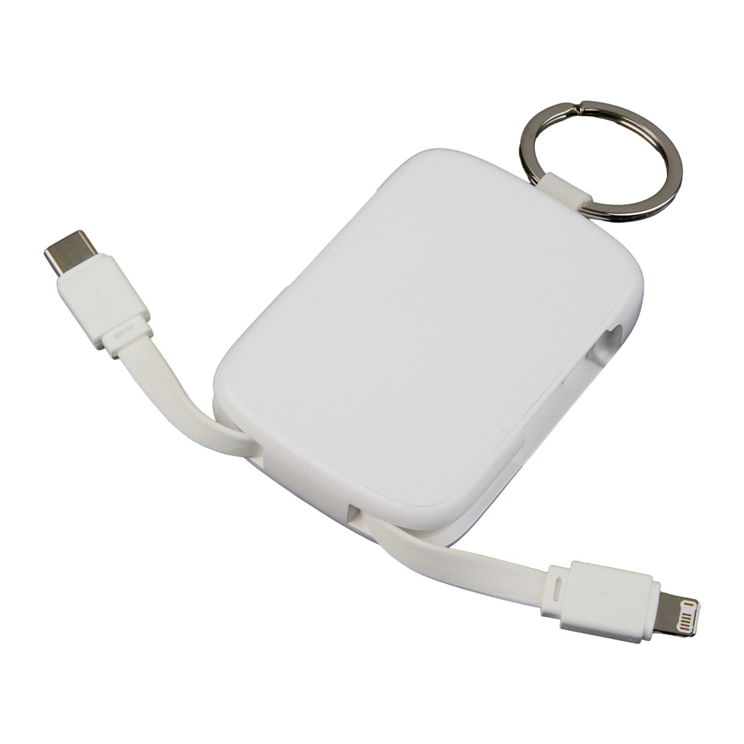 White compact keychain power bank with integrated Type-C and iOS cables, lightweight ABS plastic body, and portable charging design for smartphones on the go.
