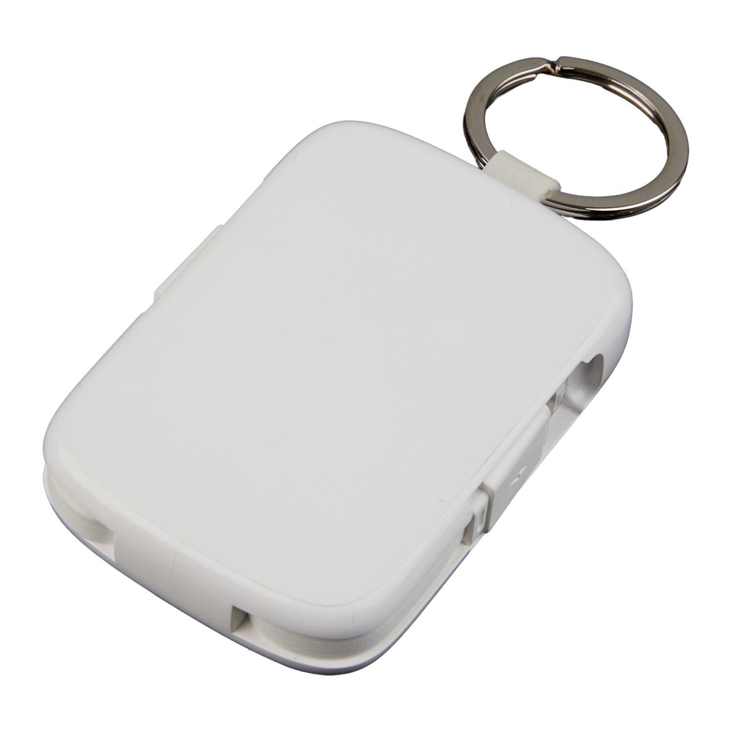 White compact keychain power bank with integrated Type-C and iOS cables, lightweight ABS plastic body, and portable charging design for smartphones on the go.