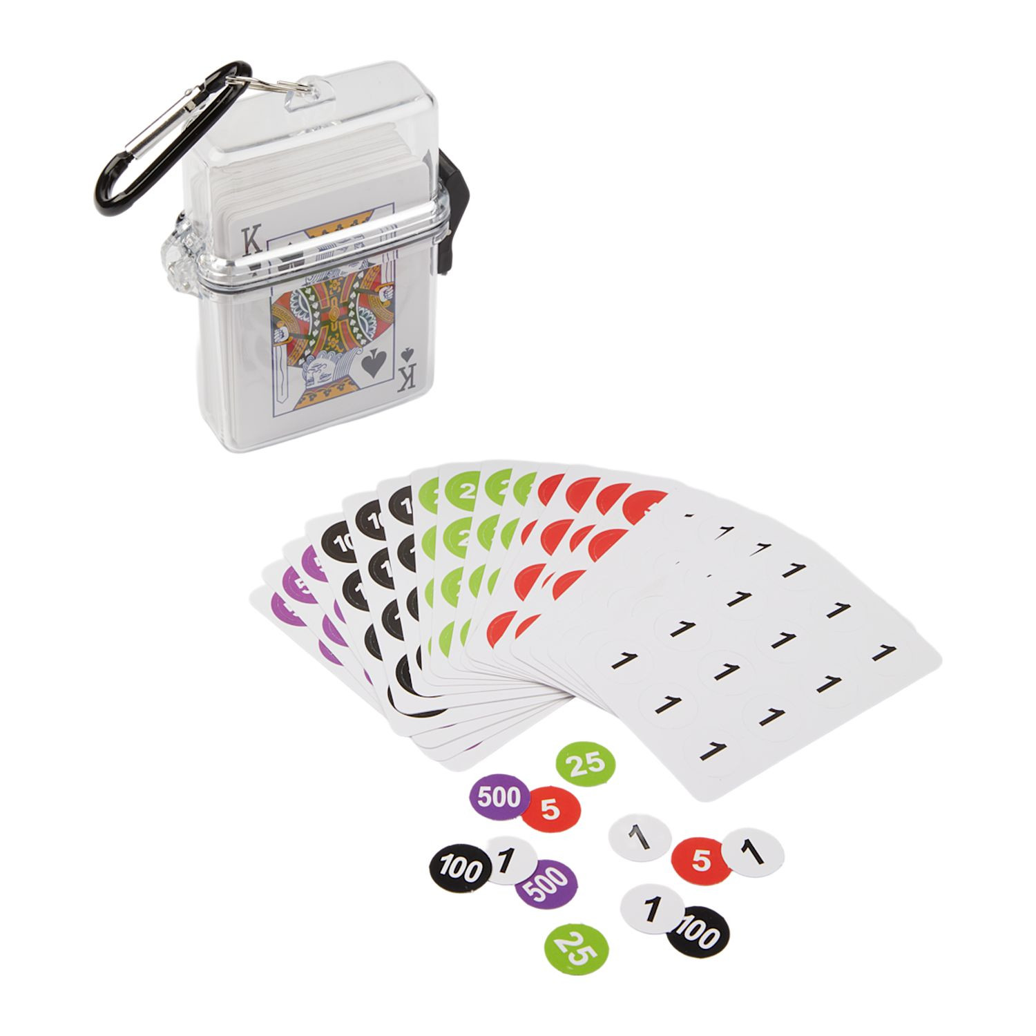 Clear compact travel poker game set with playing cards, assorted chips, and transparent carrying case with attached carabiner for portable entertainment.