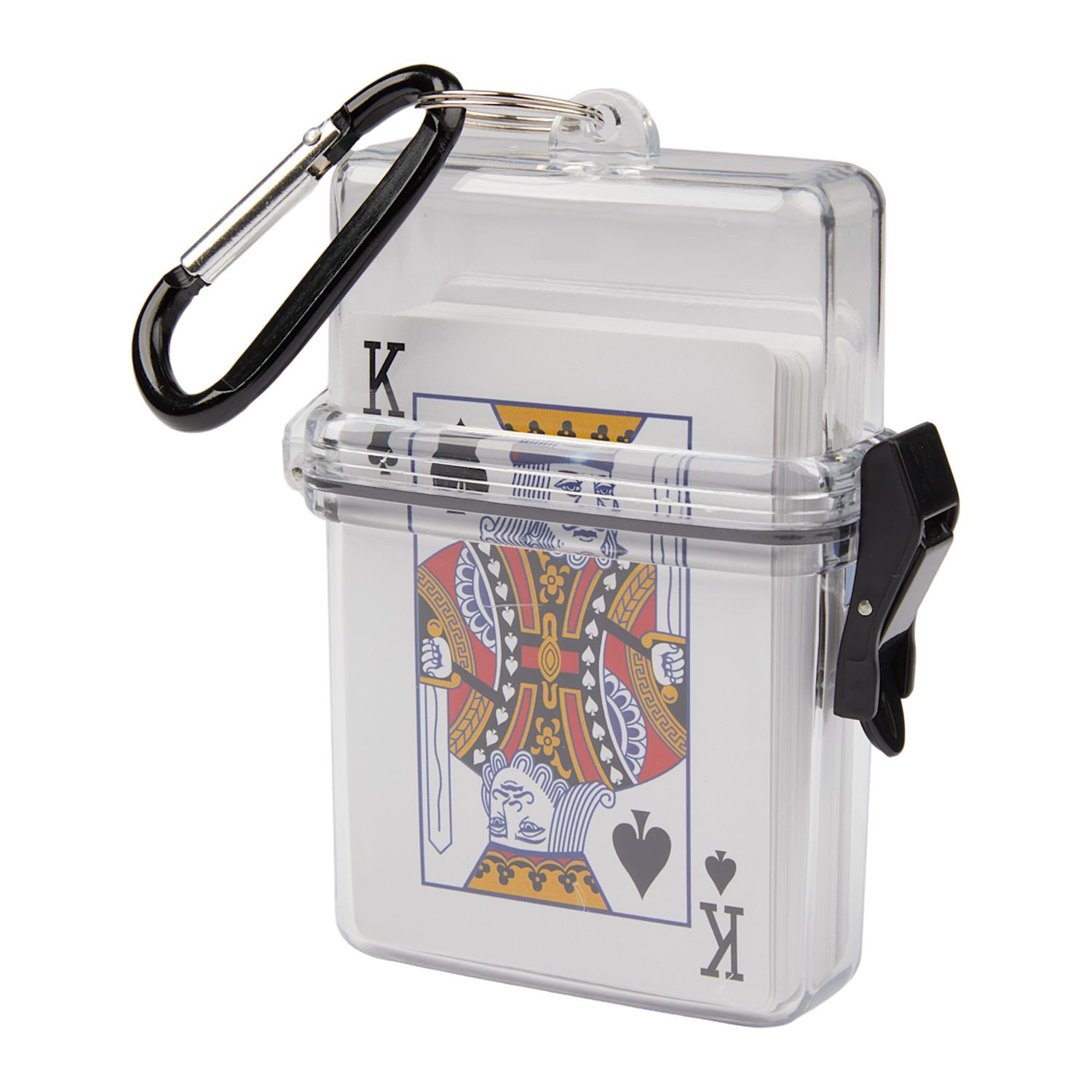 Clear compact travel poker game set with playing cards, assorted chips, and transparent carrying case with attached carabiner for portable entertainment.