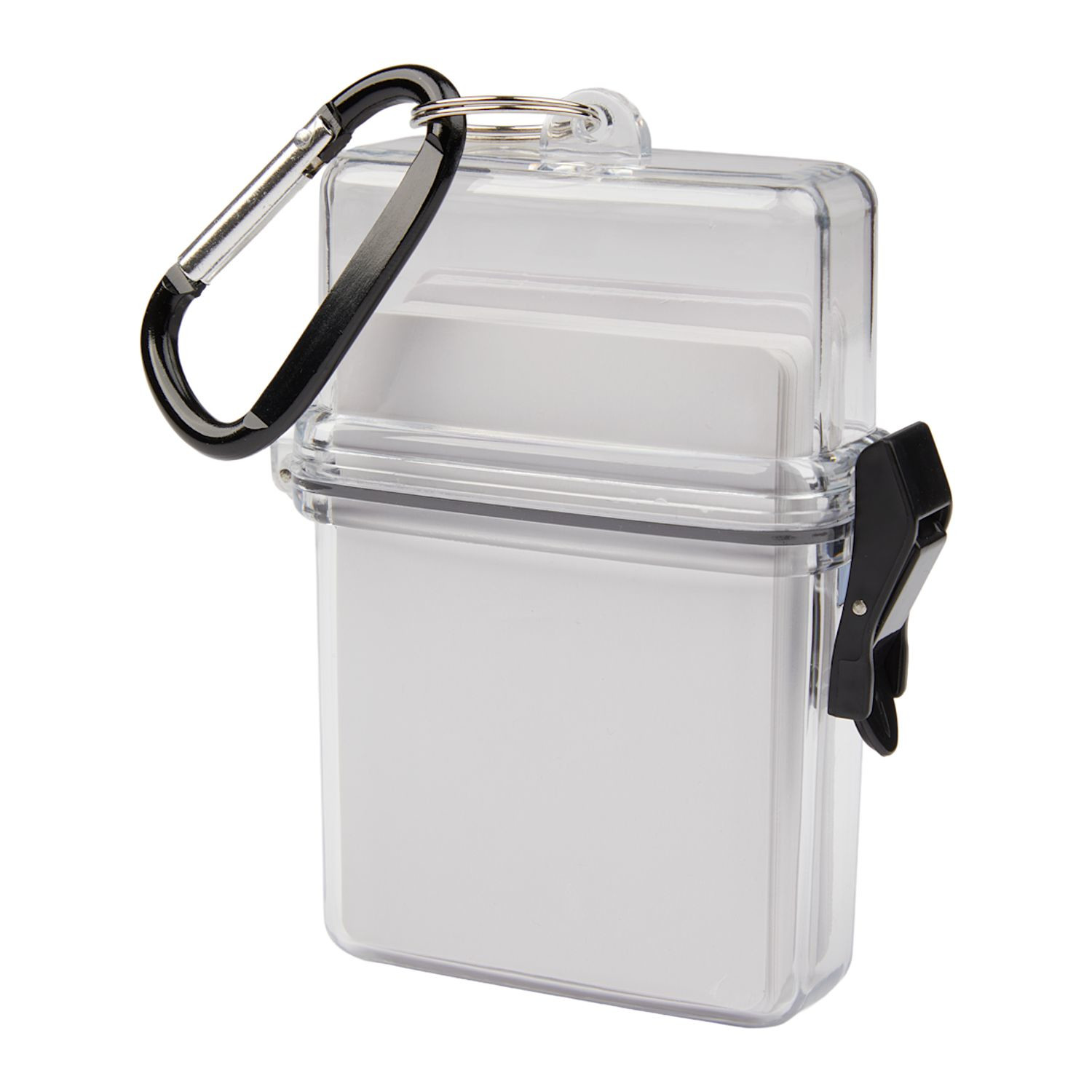 Clear compact travel poker game set with playing cards, assorted chips, and transparent carrying case with attached carabiner for portable entertainment.