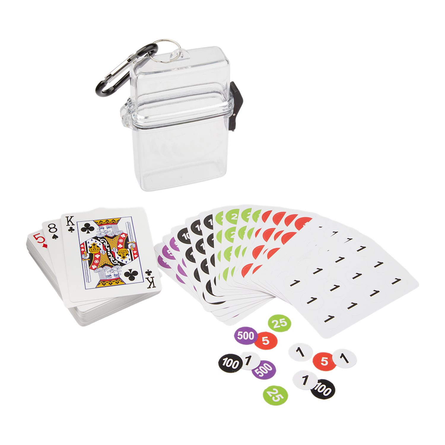 Clear compact travel poker game set with playing cards, assorted chips, and transparent carrying case with attached carabiner for portable entertainment.