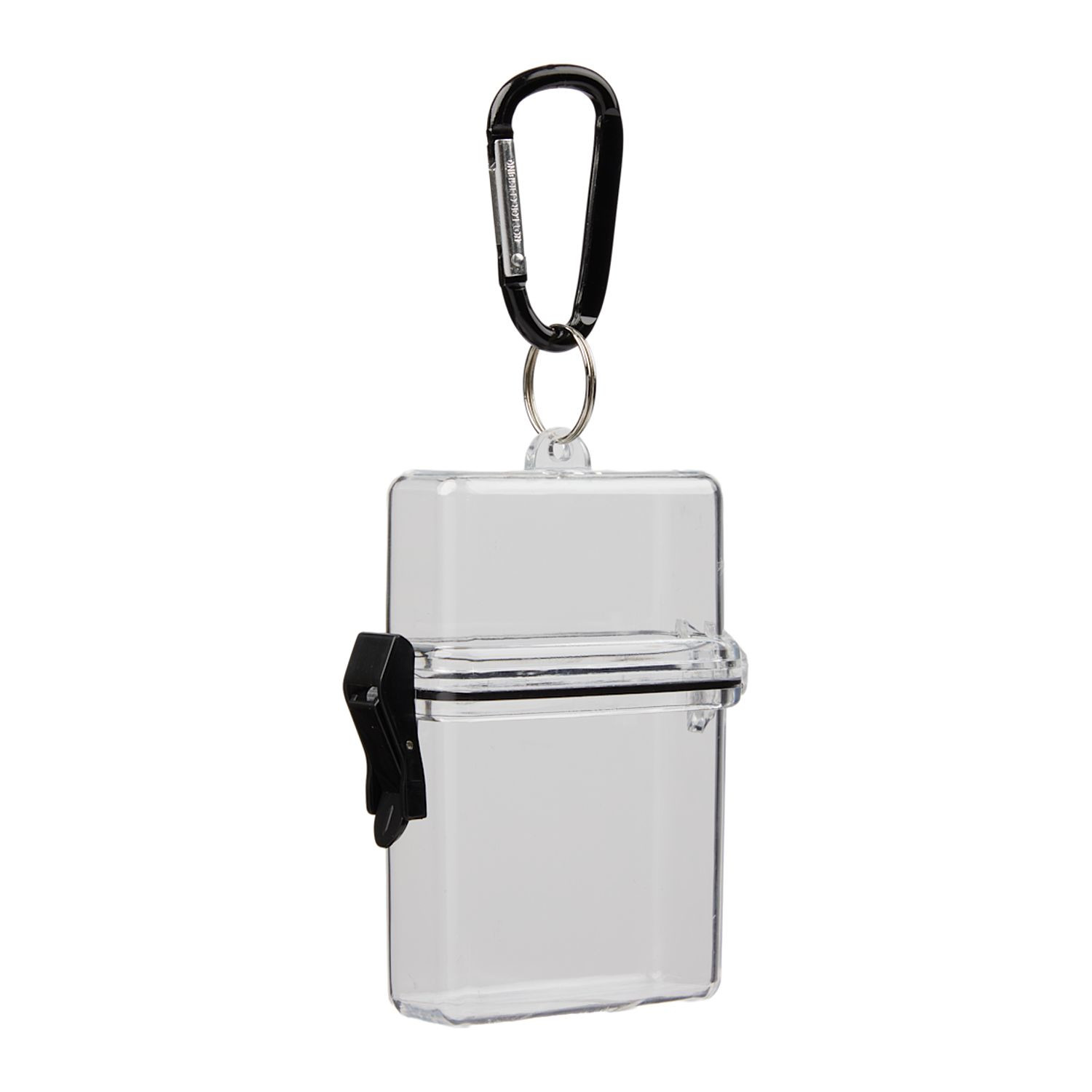 Clear compact travel poker game set with playing cards, assorted chips, and transparent carrying case with attached carabiner for portable entertainment.