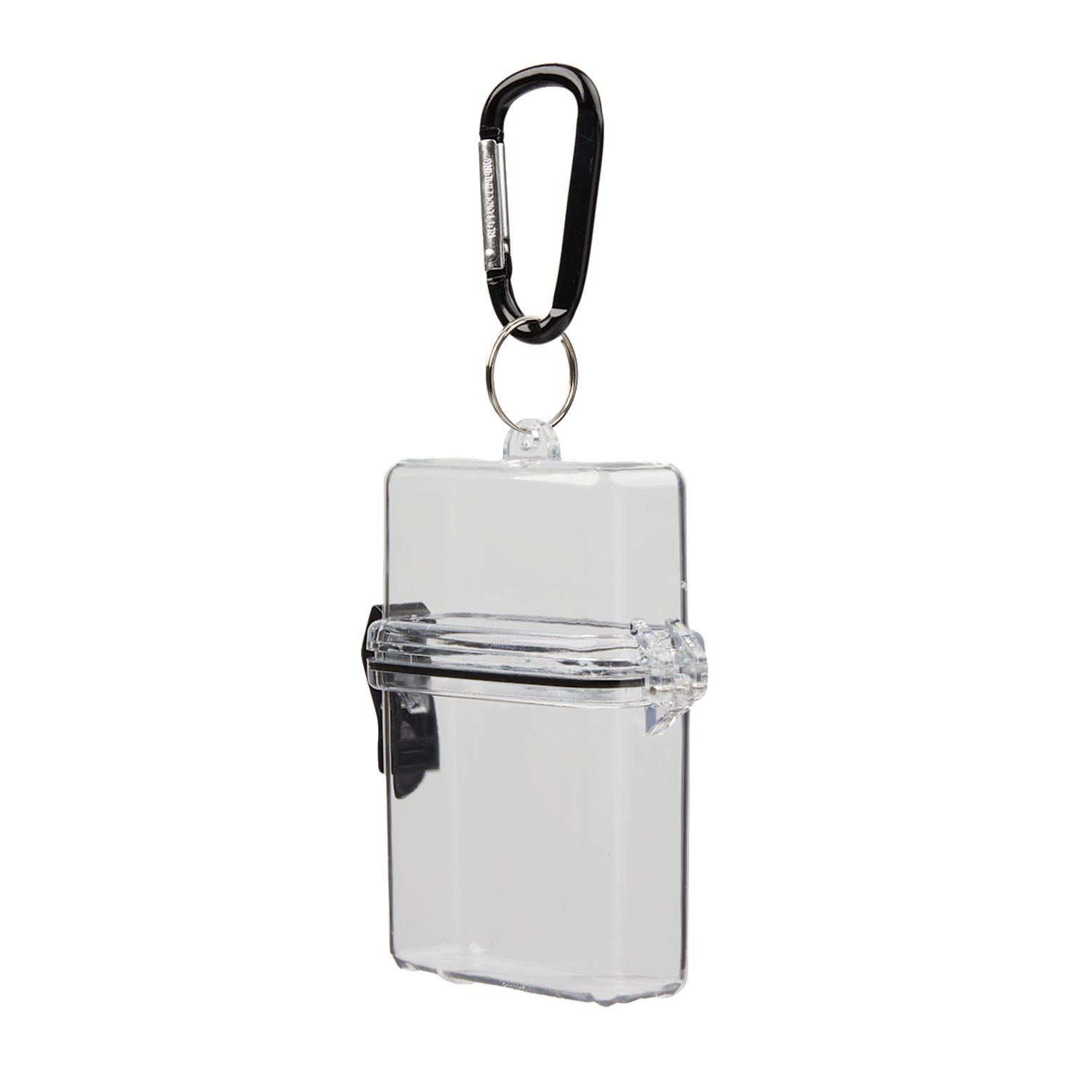 Clear compact travel poker game set with playing cards, assorted chips, and transparent carrying case with attached carabiner for portable entertainment.