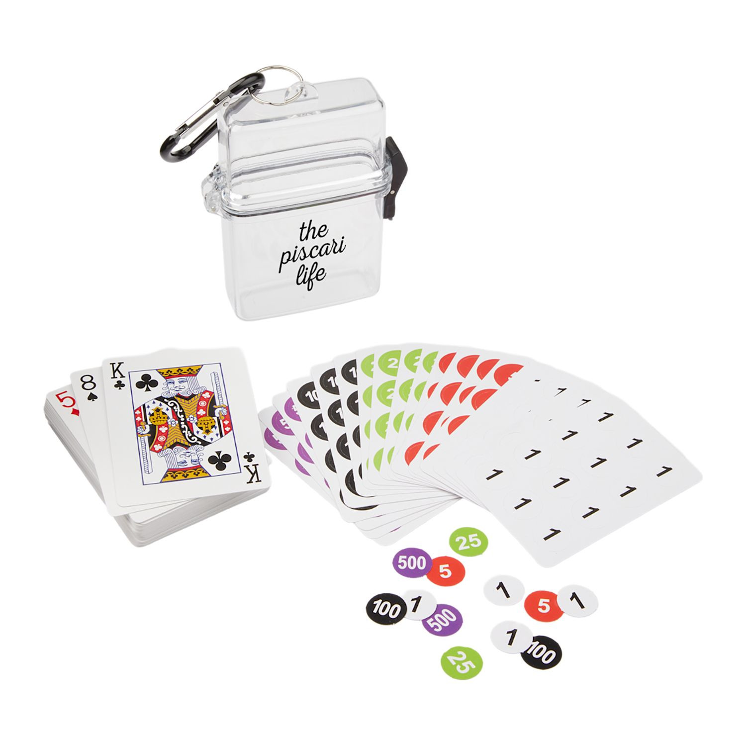 Clear compact travel poker game set with playing cards, assorted chips, and transparent carrying case with attached carabiner for portable entertainment.