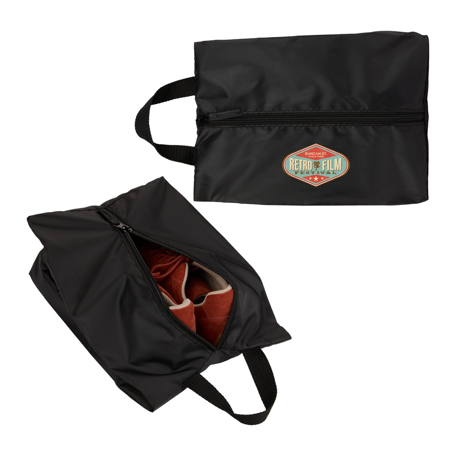 Black recycled polyester shoe bag with spacious main compartment, carry handle, and lightweight travel-friendly design for storing and transporting footwear.
