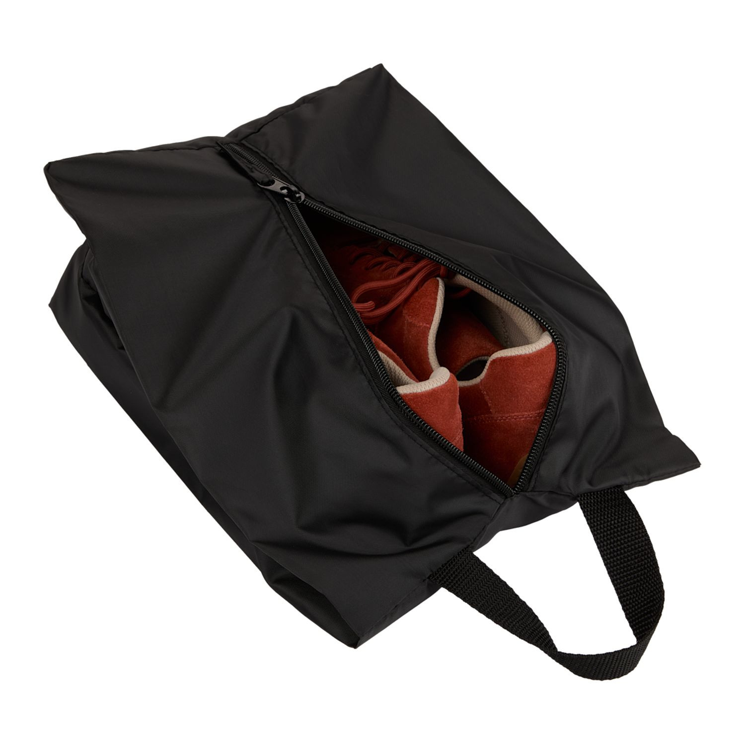 Black recycled polyester shoe bag with spacious main compartment, carry handle, and lightweight travel-friendly design for storing and transporting footwear.