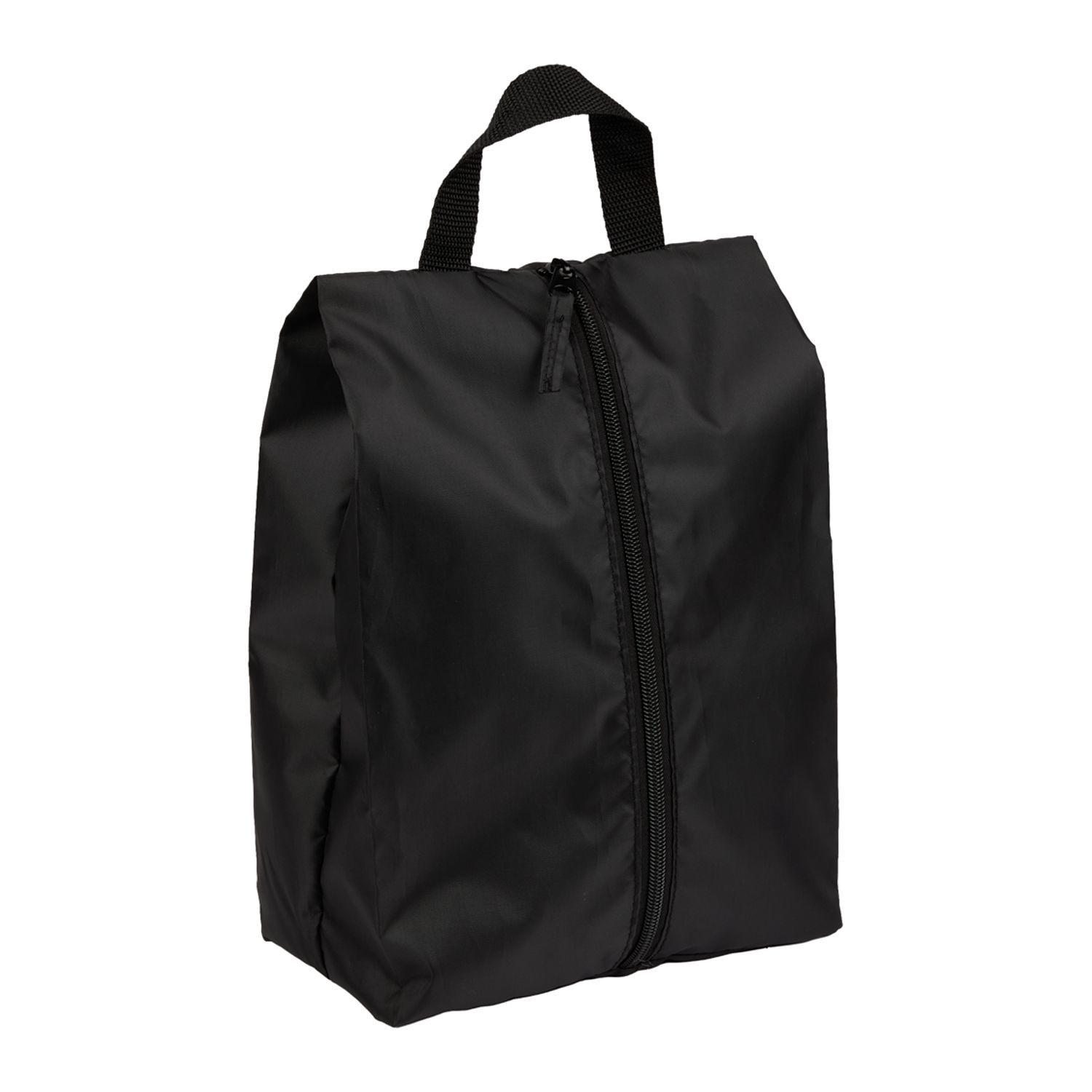 Black recycled polyester shoe bag with spacious main compartment, carry handle, and lightweight travel-friendly design for storing and transporting footwear.