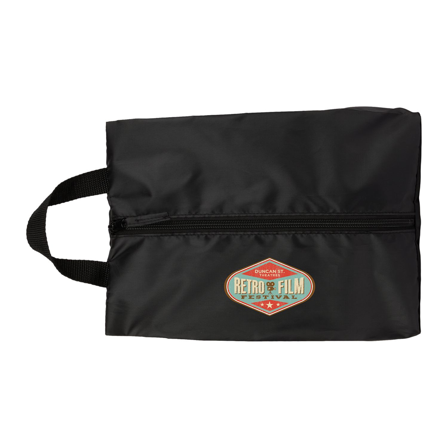 Black recycled polyester shoe bag with spacious main compartment, carry handle, and lightweight travel-friendly design for storing and transporting footwear.