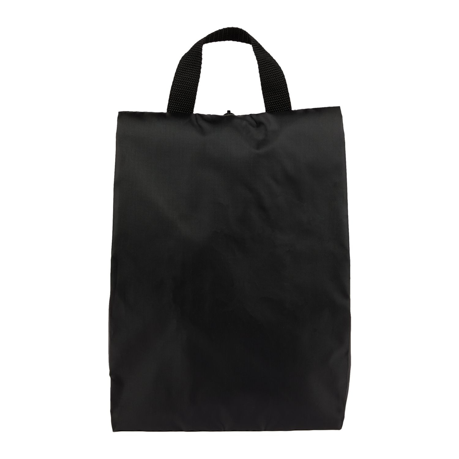 Black recycled polyester shoe bag with spacious main compartment, carry handle, and lightweight travel-friendly design for storing and transporting footwear.