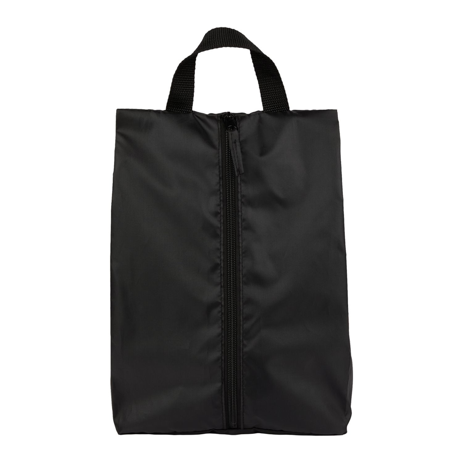 Black recycled polyester shoe bag with spacious main compartment, carry handle, and lightweight travel-friendly design for storing and transporting footwear.